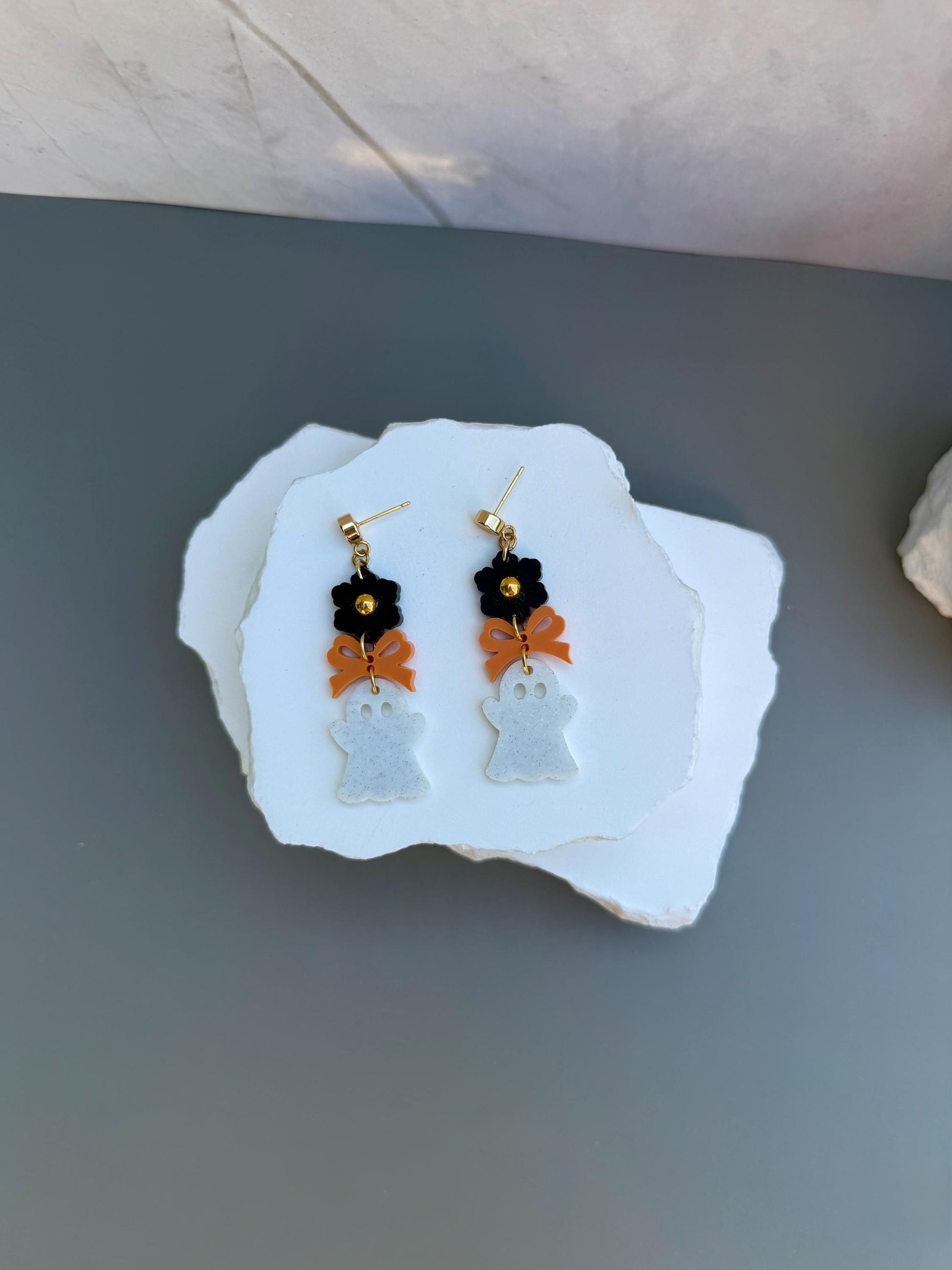 Boo-tiful Ghost Drops | Halloween Flower Bow Earrings | Speckled Acrylic Spooky Jewelry