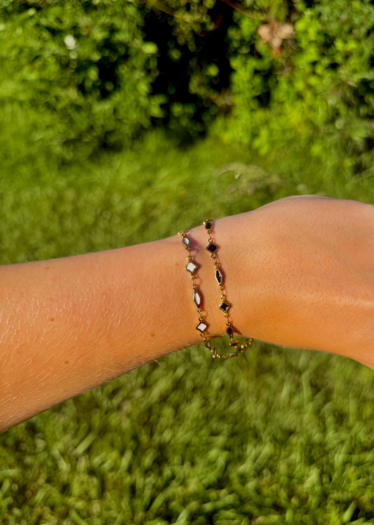 Noir Clover Chain Bracelet | Stainless Steel Water Resistant | Black White Enamel Jewelry