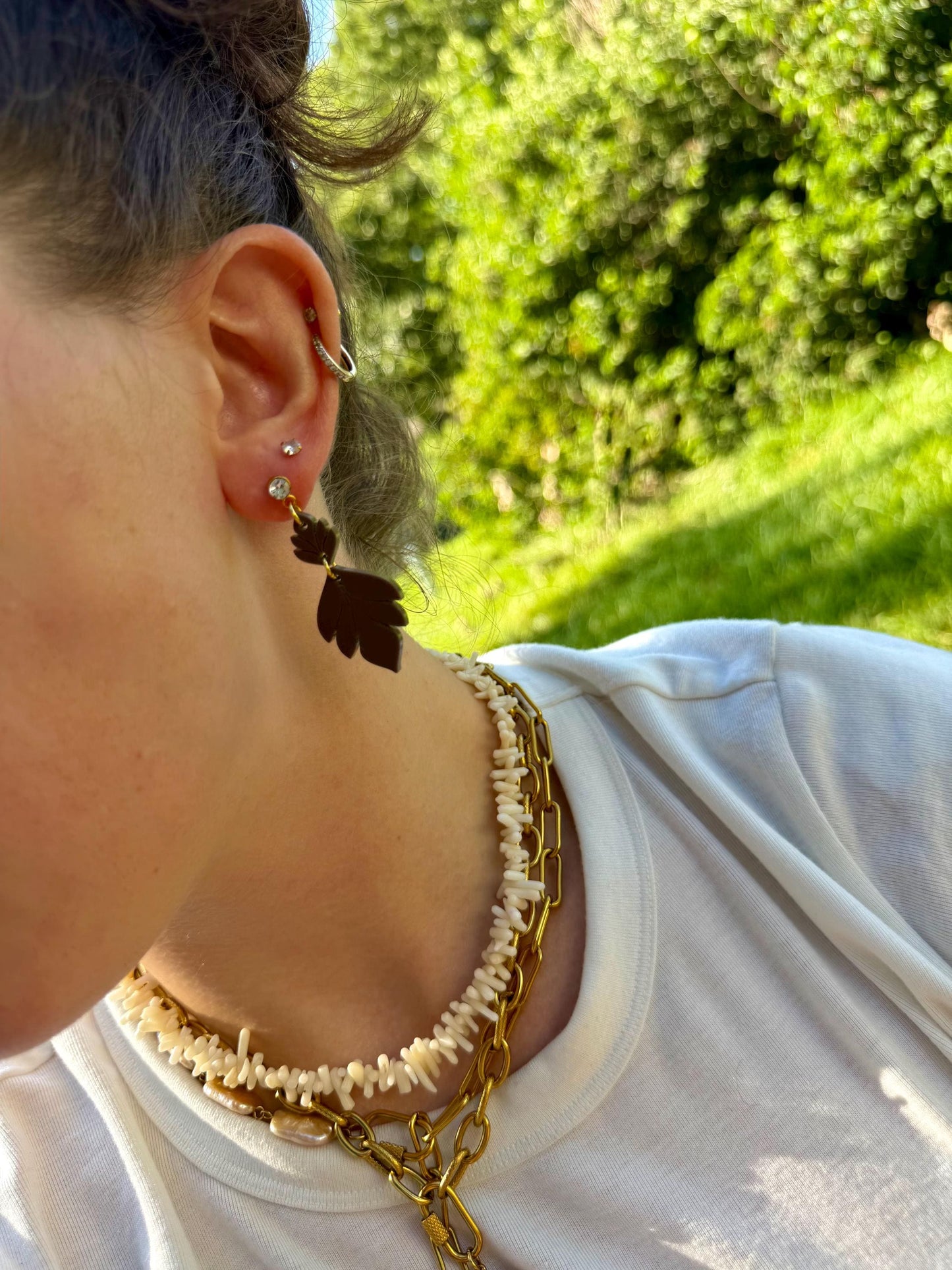 Mocha Brown Leaf Dangle Earrings | Boho Fall Statement Earrings | CZ Stud Jewelry