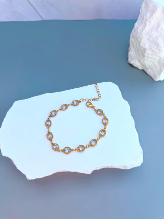 Bezel Set CZ Tennis Bracelet | Gold Stainless Steel Oval Link Bracelet | Waterproof & Tarnish Free