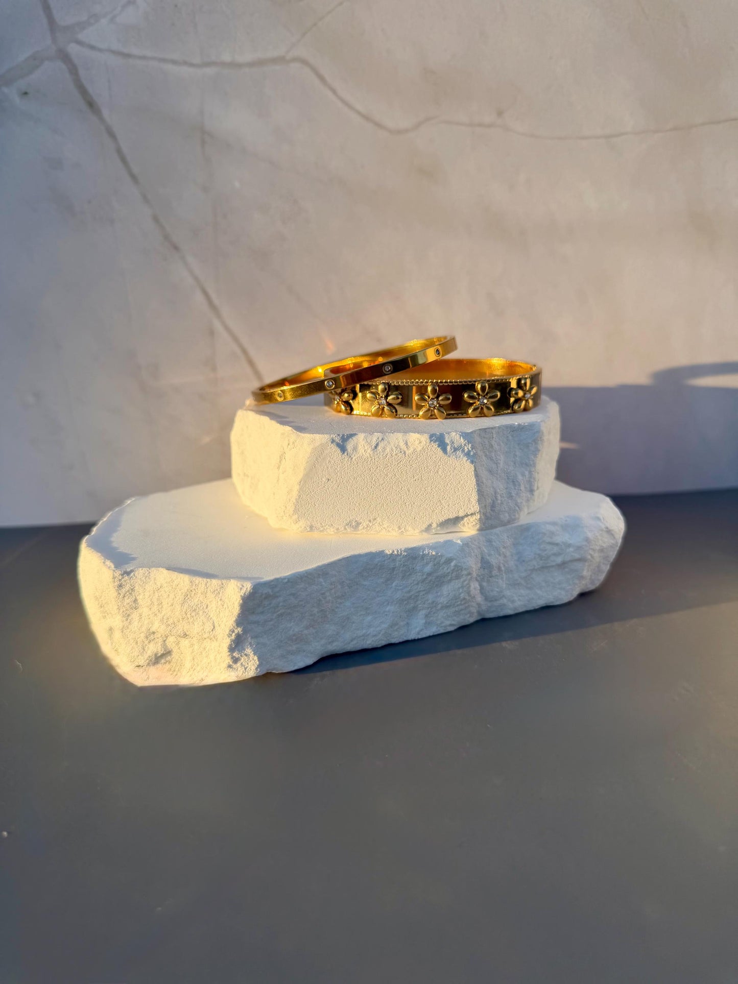 Gold Stacking Bangle | Gold Stainless Steel CZ Bracelet | Hinged Cuff Jewelry