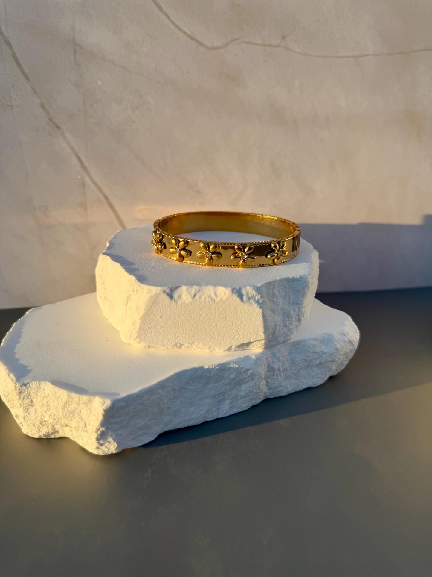 Gold Stacking Bangle | Gold Stainless Steel CZ Bracelet | Hinged Cuff Jewelry