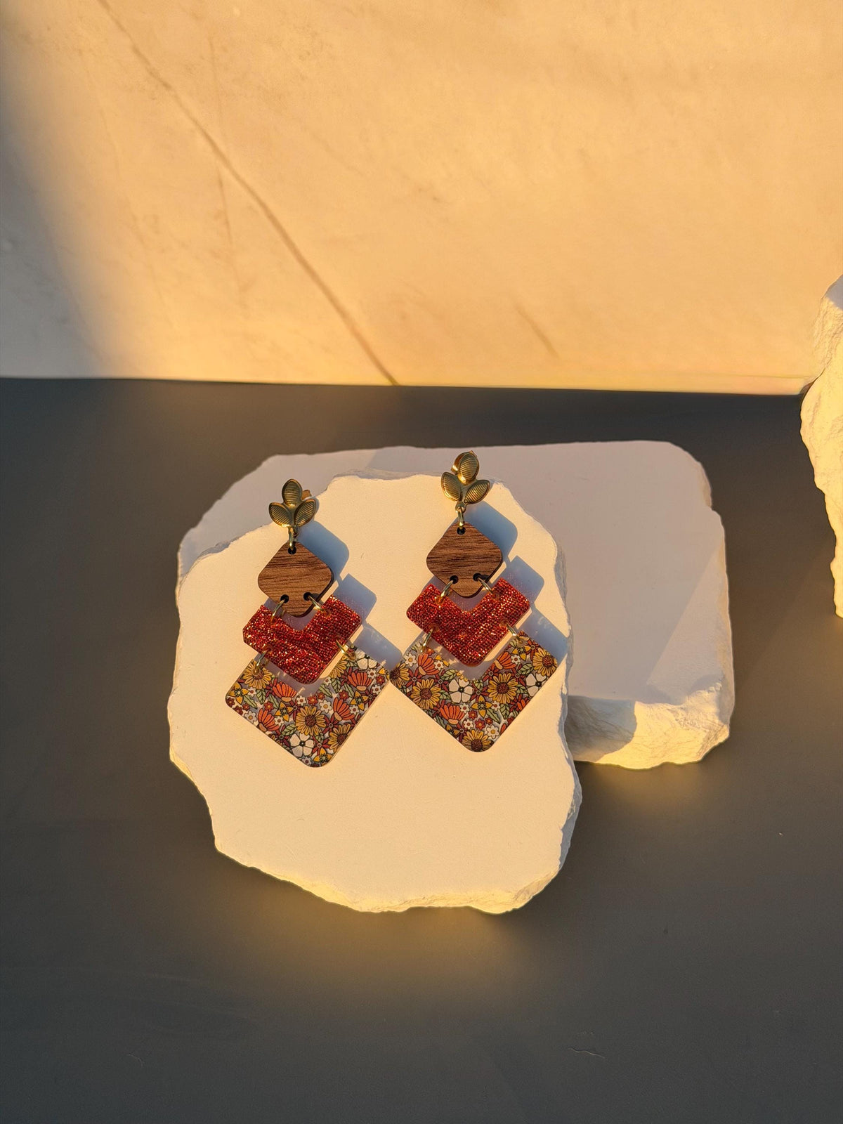 Autumn Boho Floral Statement Earrings | Stacked Geometric Dangles