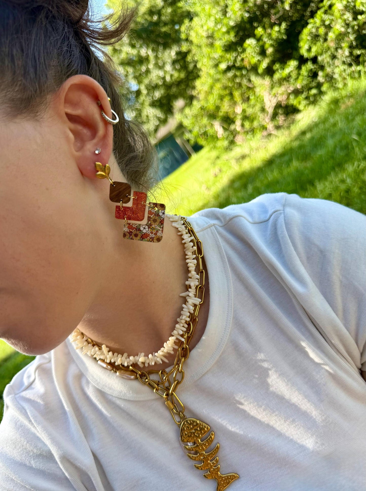 Autumn Boho Floral Statement Earrings | Stacked Geometric Dangles
