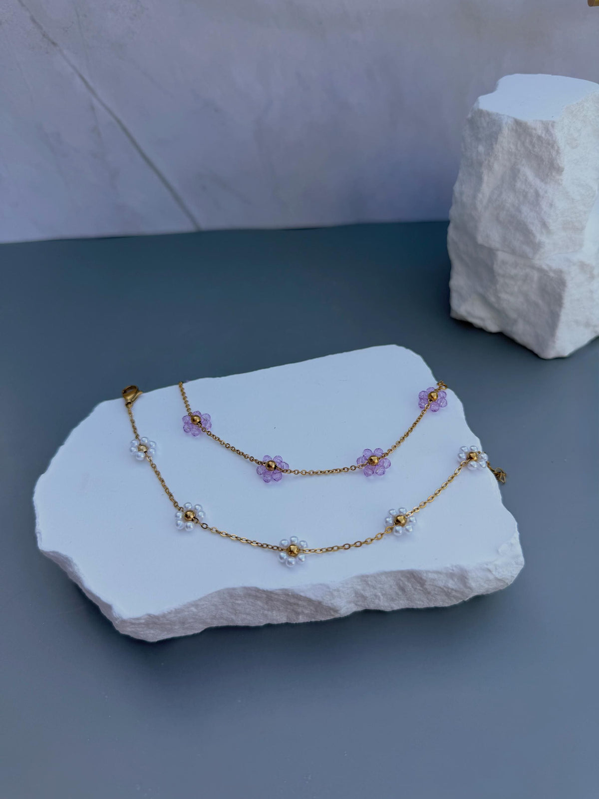 Daisy Chain Bracelet | Stainless Steel Pearl or Lavender Beaded Gold Chain Bracelet