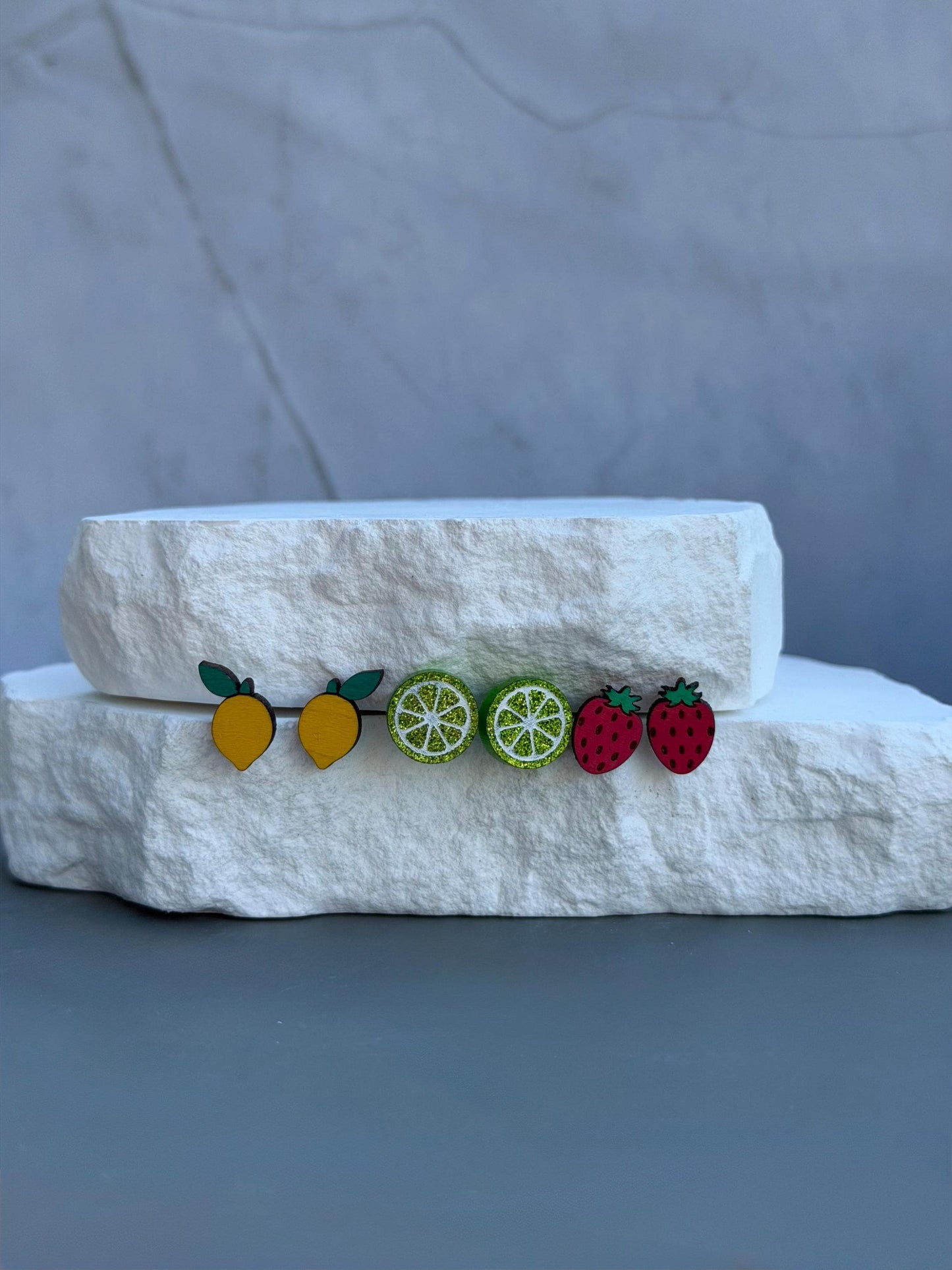 Fruit Stud Earrings | Wood Lemon Lime Strawberry Studs | Stainless Steel Posts