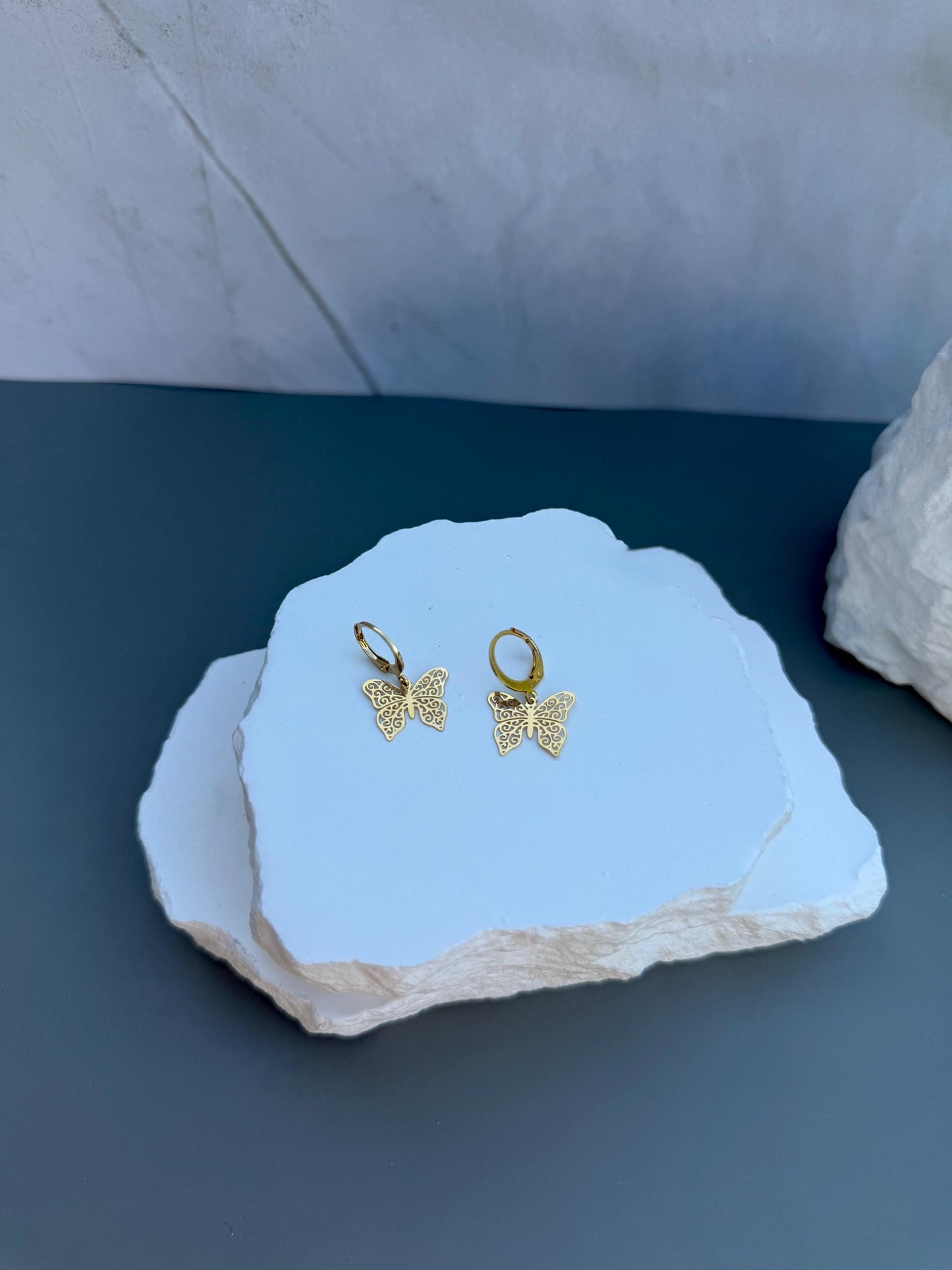 Gold Filigree Butterfly Huggie Earrings | Stainless Steel Dangle Hoops