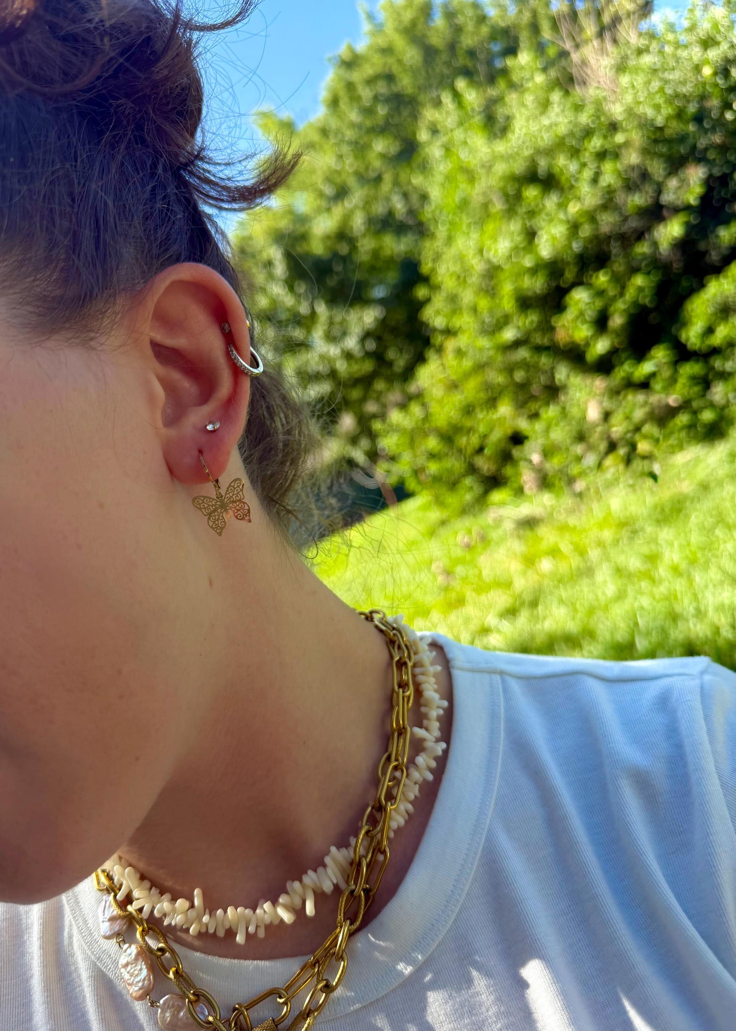 Gold Filigree Butterfly Huggie Earrings | Stainless Steel Dangle Hoops