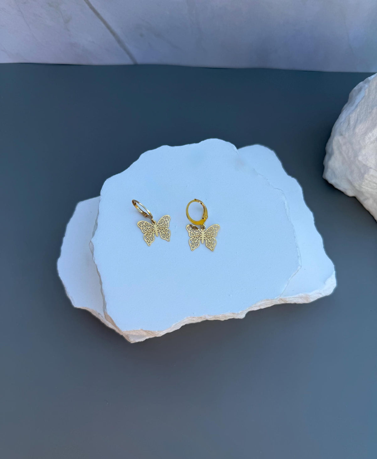Gold Filigree Butterfly Huggie Earrings | Stainless Steel Dangle Hoops