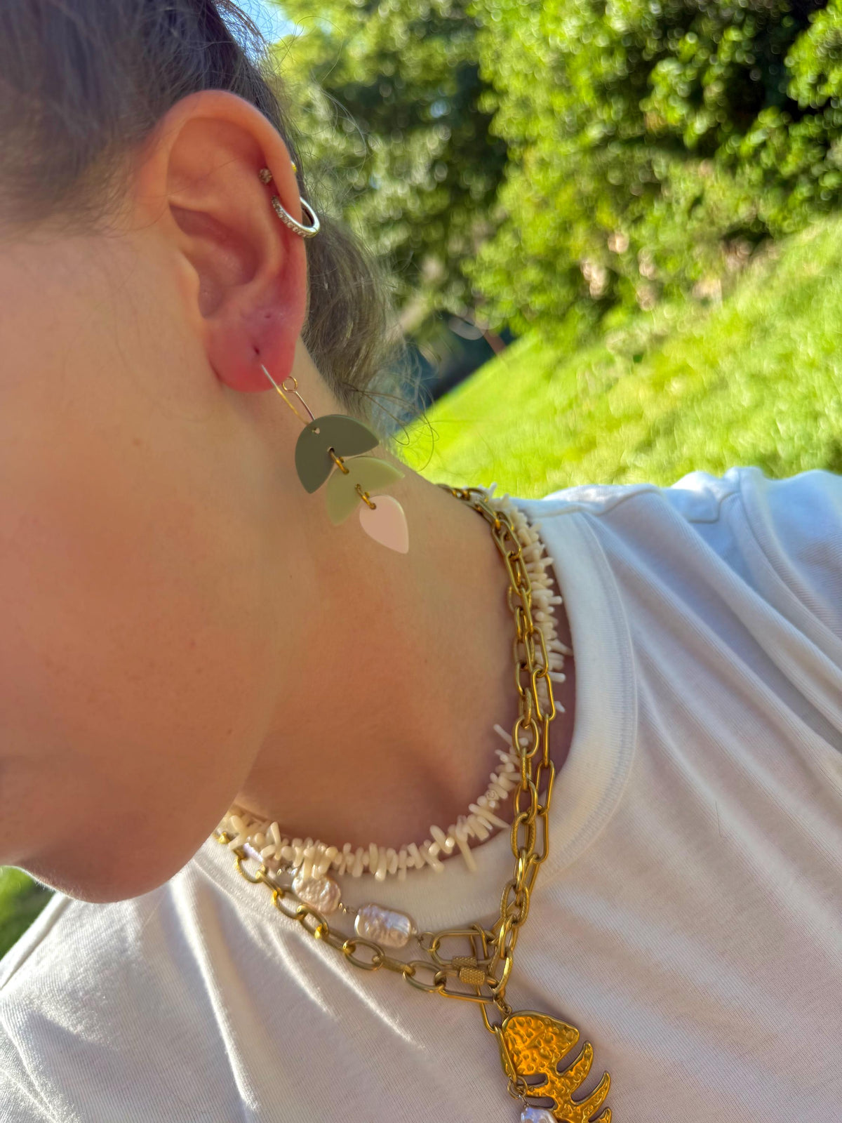 Green Ombre Tiered Drop Earrings | Acrylic Dangle Hoops | Stainless Steel