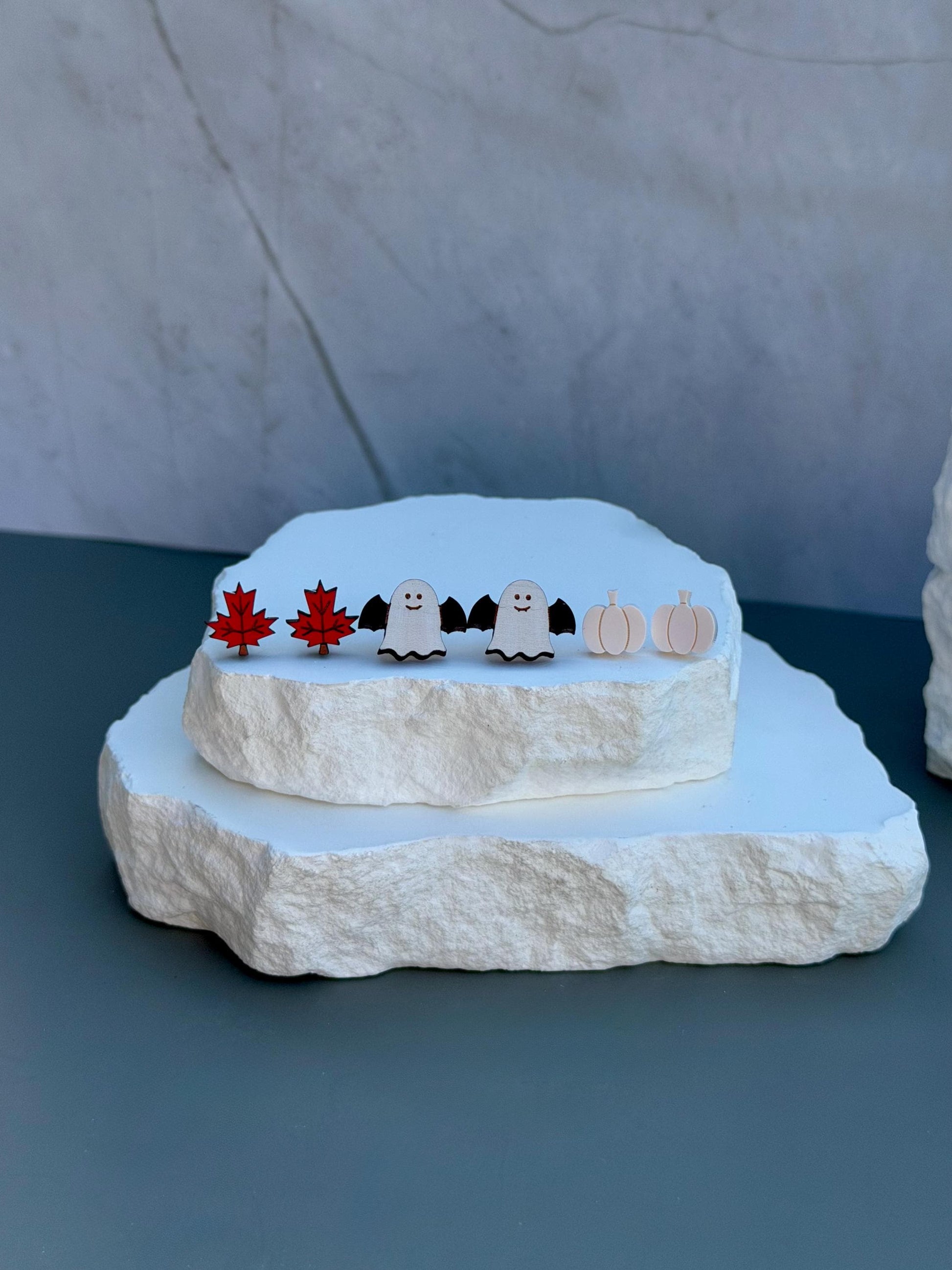 Fall Stud Earrings | Maple Leaf Ghost Pumpkin Studs | Stainless Steel Posts