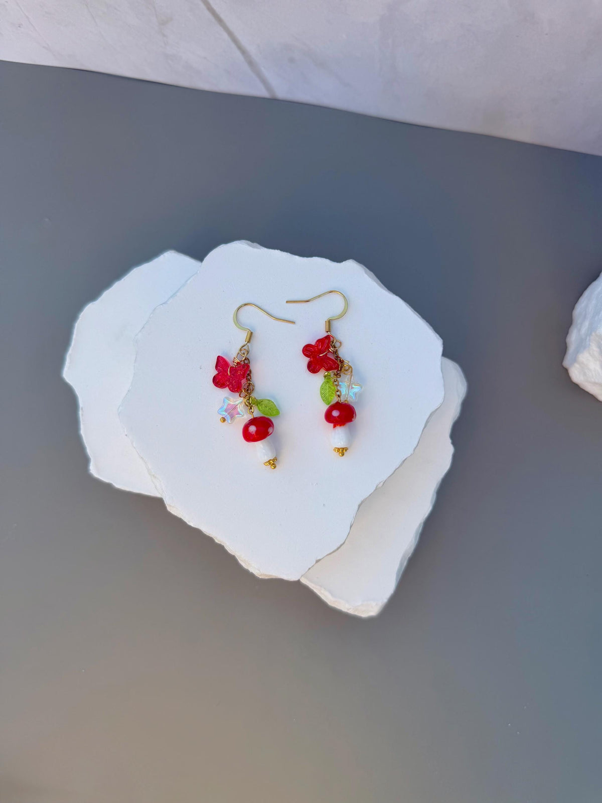 Enchanted Forest Drops | Glass Mushroom Butterfly Earrings | Whimsical Cottagecore Beaded Jewelry