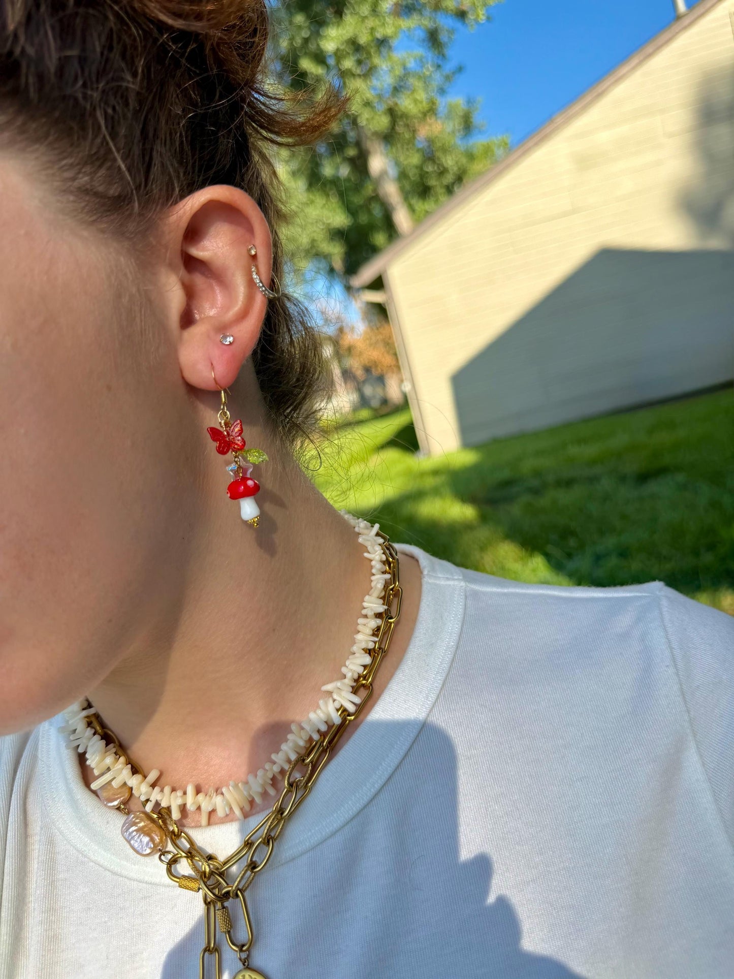 Enchanted Forest Drops | Glass Mushroom Butterfly Earrings | Whimsical Cottagecore Beaded Jewelry