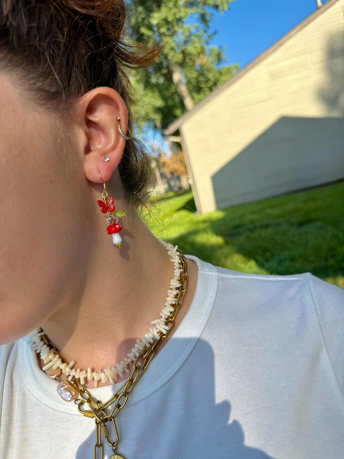 Enchanted Forest Drops | Glass Mushroom Butterfly Earrings | Whimsical Cottagecore Beaded Jewelry