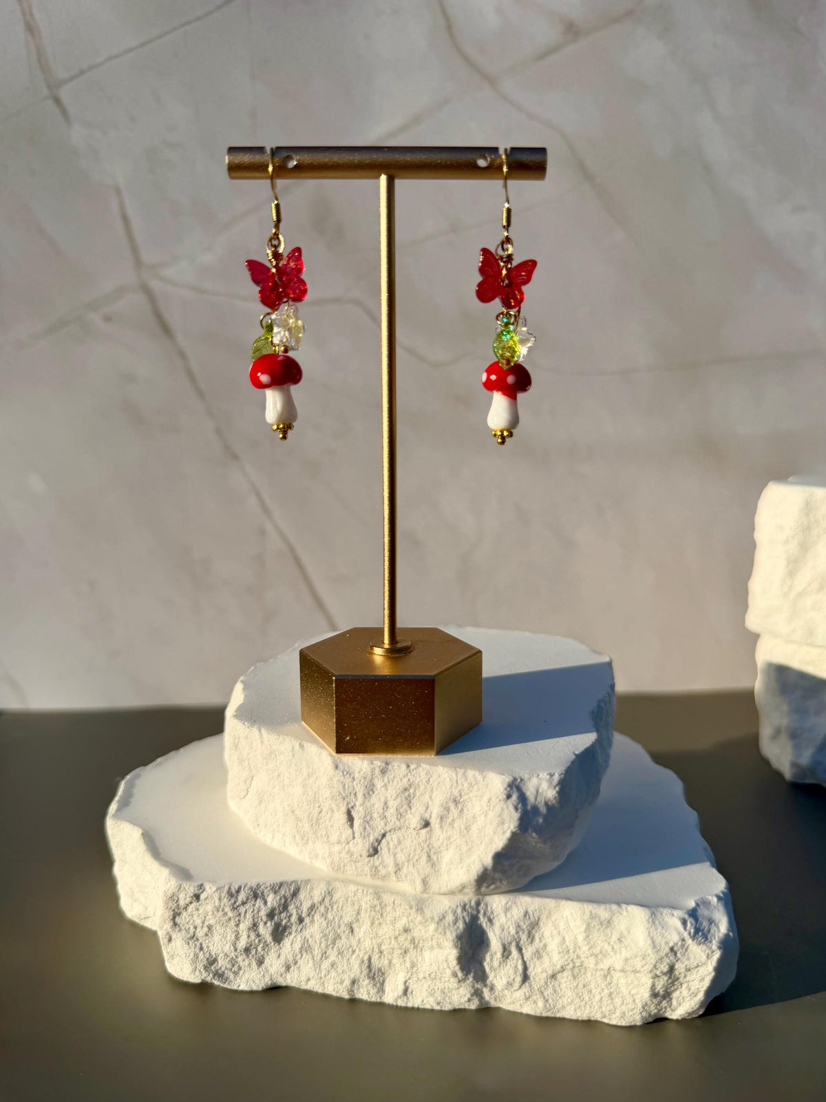 Enchanted Forest Drops | Glass Mushroom Butterfly Earrings | Whimsical Cottagecore Beaded Jewelry