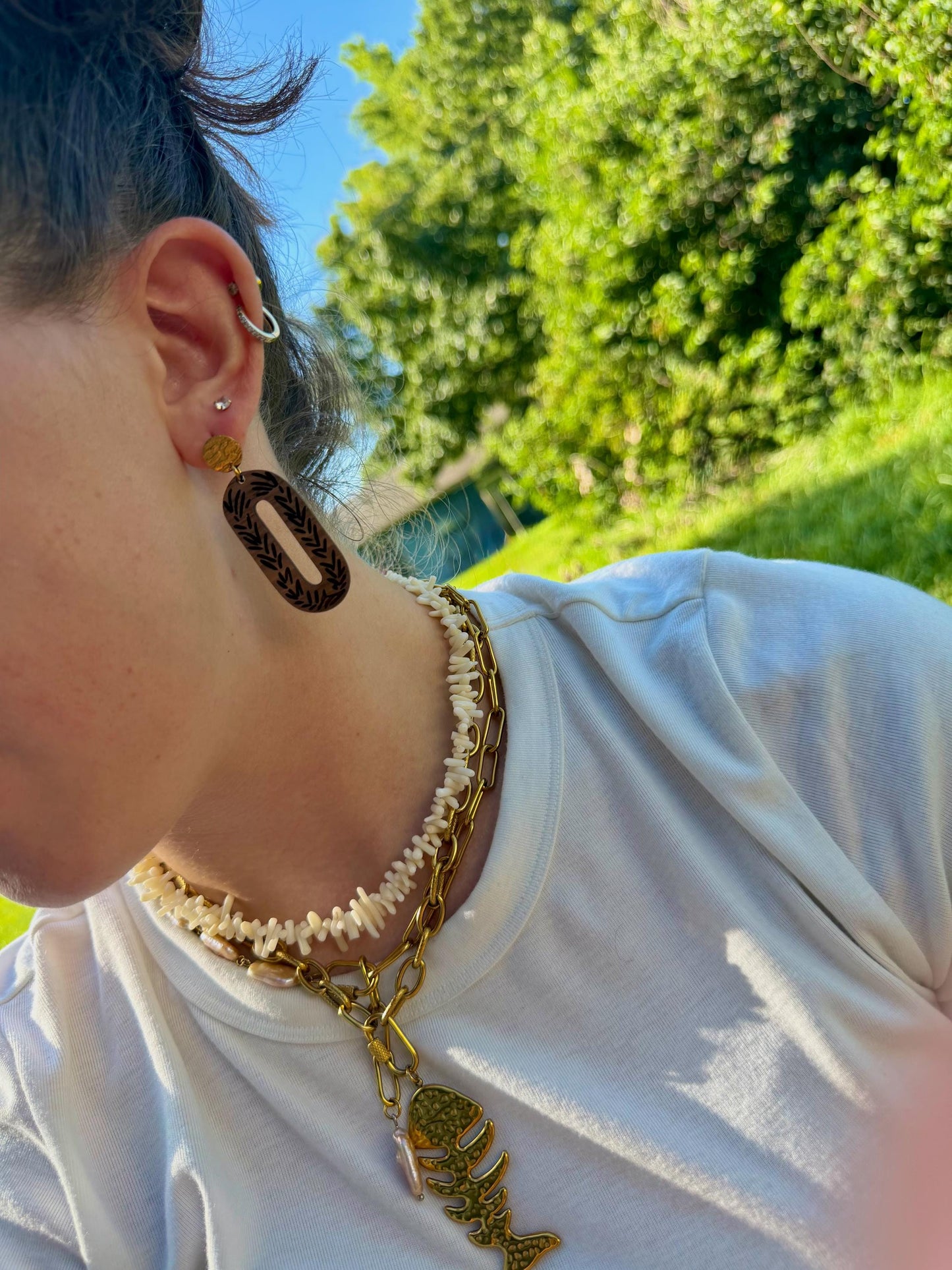 Etched Oval Drops | Wood Leaf Engraved Dangle Earrings | Boho Gold Stud Jewelry
