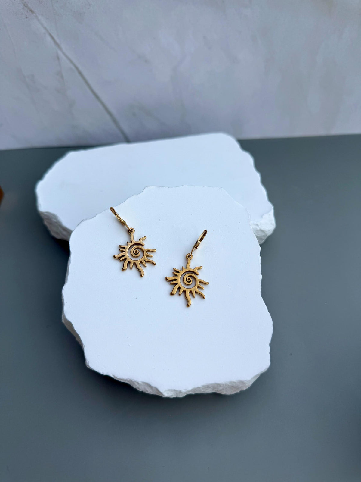 Solstice Sunburst Earrings | Gold Sun Spiral Charm Dangles | Boho Celestial Jewelry