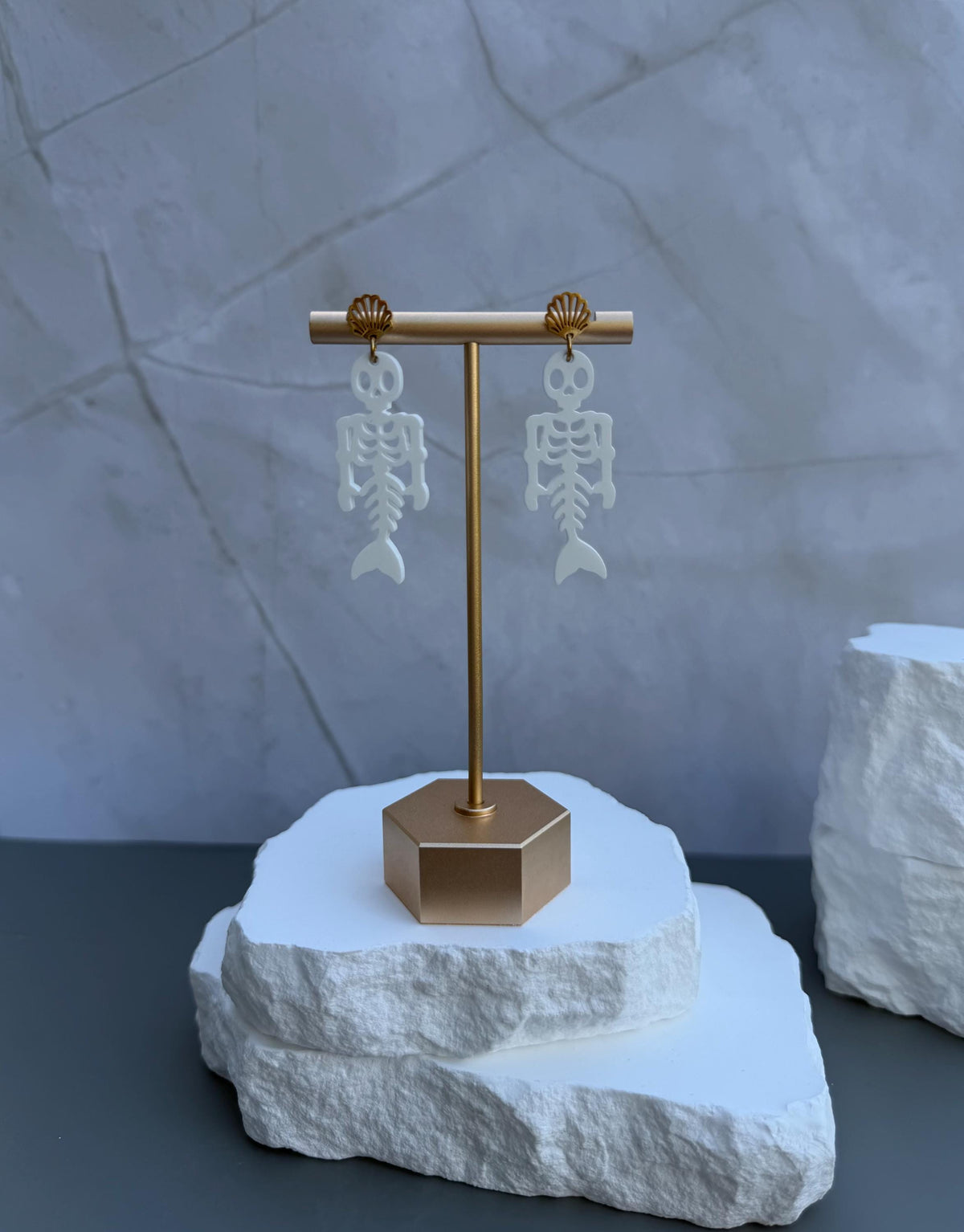 Skeleton Mermaid Drops | Halloween Beach Earrings | Gold Shell Stud Spooky Jewelry