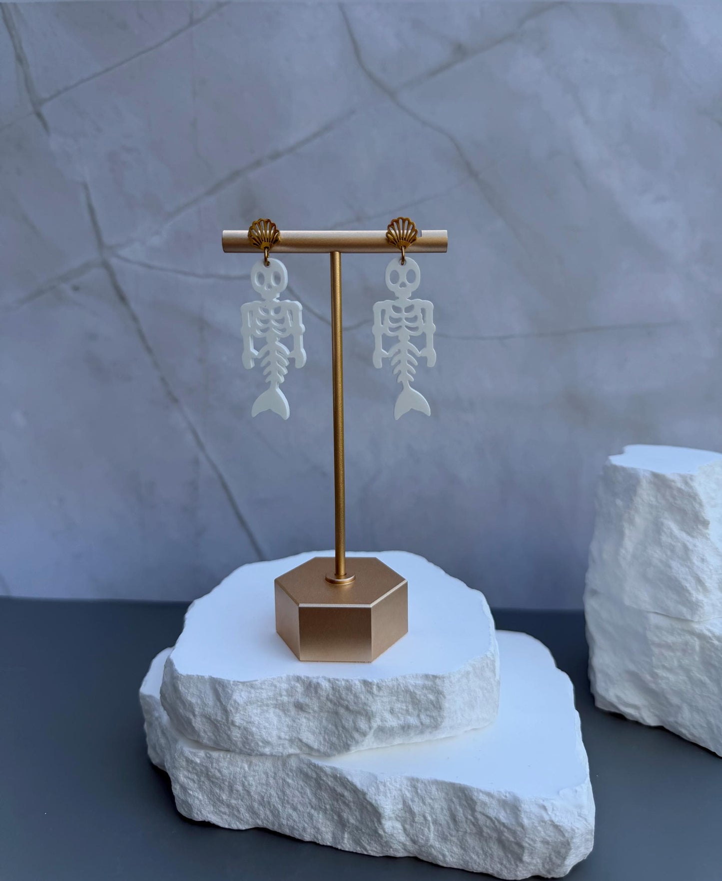 Skeleton Mermaid Drops | Halloween Beach Earrings | Gold Shell Stud Spooky Jewelry