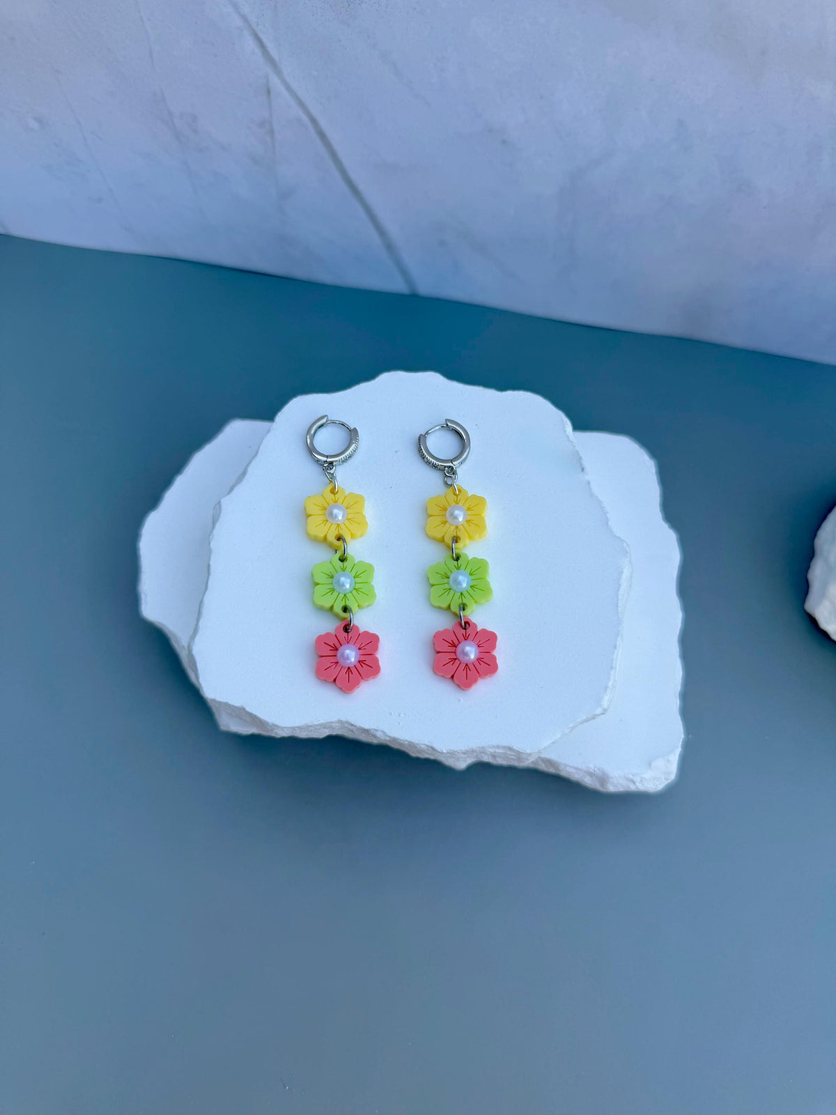 Citrus Garden Drops | Tiered Pearl Center Flower Earrings | Yellow Green Coral Boho Jewelry