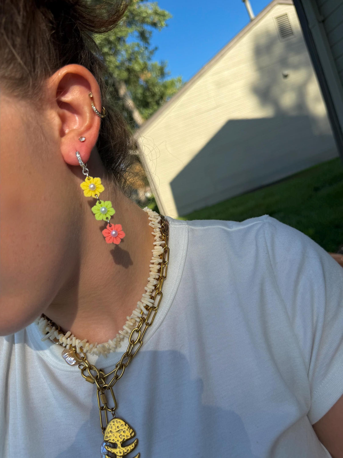 Citrus Garden Drops | Tiered Pearl Center Flower Earrings | Yellow Green Coral Boho Jewelry