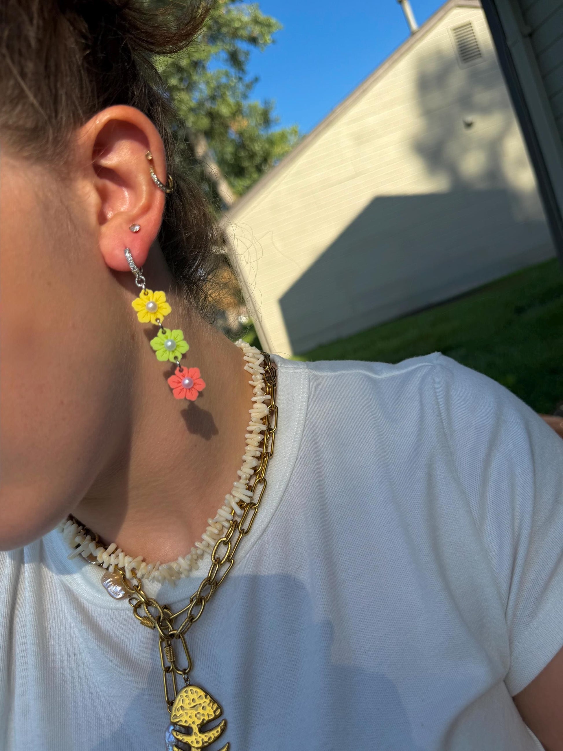 Citrus Garden Drops | Tiered Pearl Center Flower Earrings | Yellow Green Coral Boho Jewelry