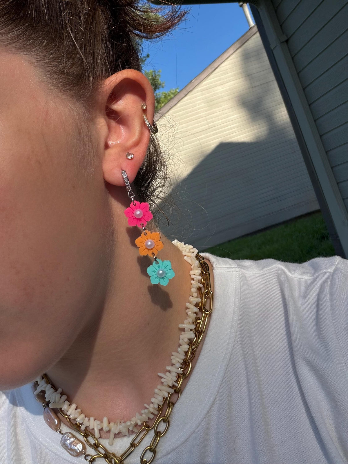Sunset Garden Drops | Tiered Pearl Center Flower Earrings | Pink Orange Teal Boho Jewelry