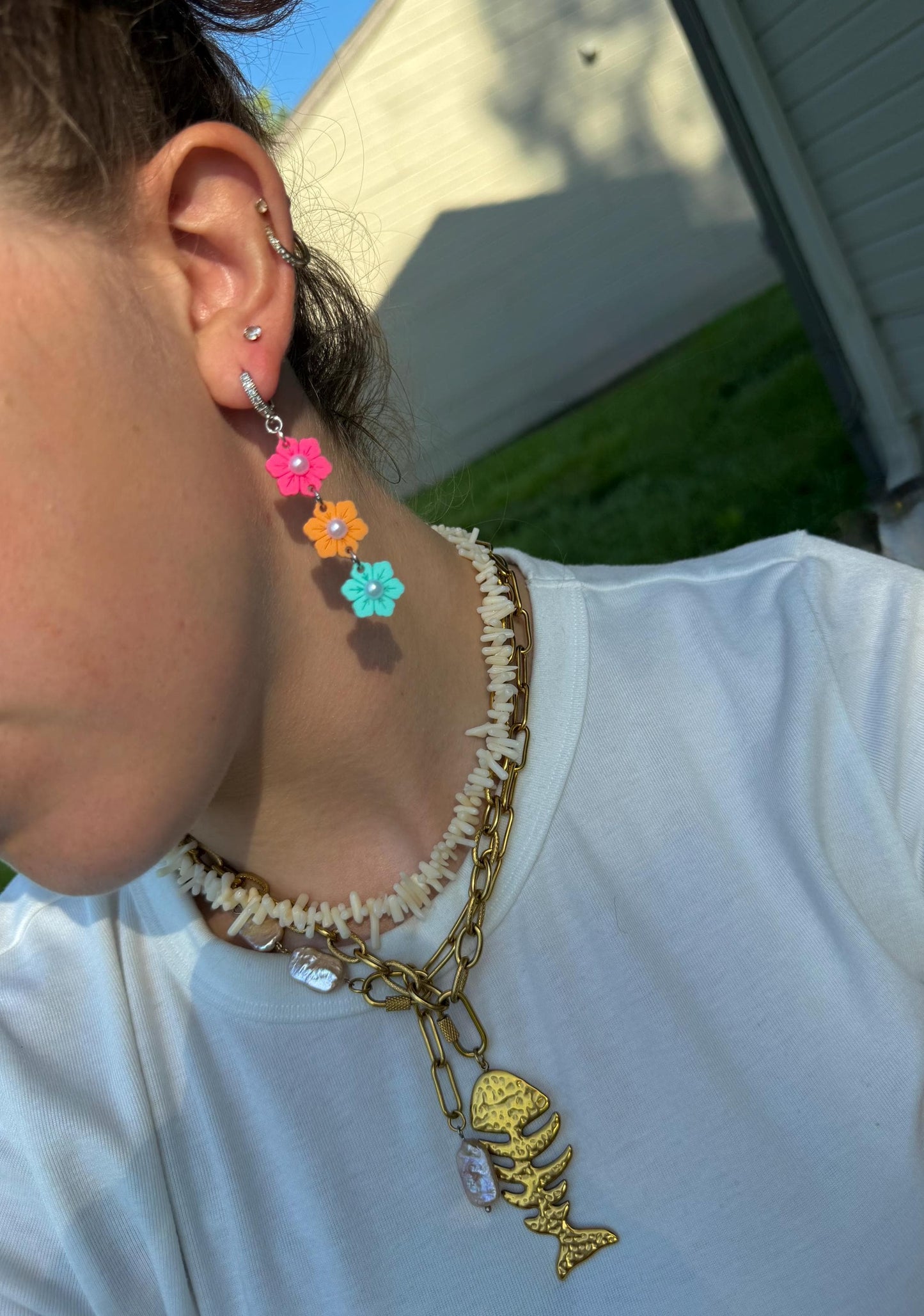 Sunset Garden Drops | Tiered Pearl Center Flower Earrings | Pink Orange Teal Boho Jewelry
