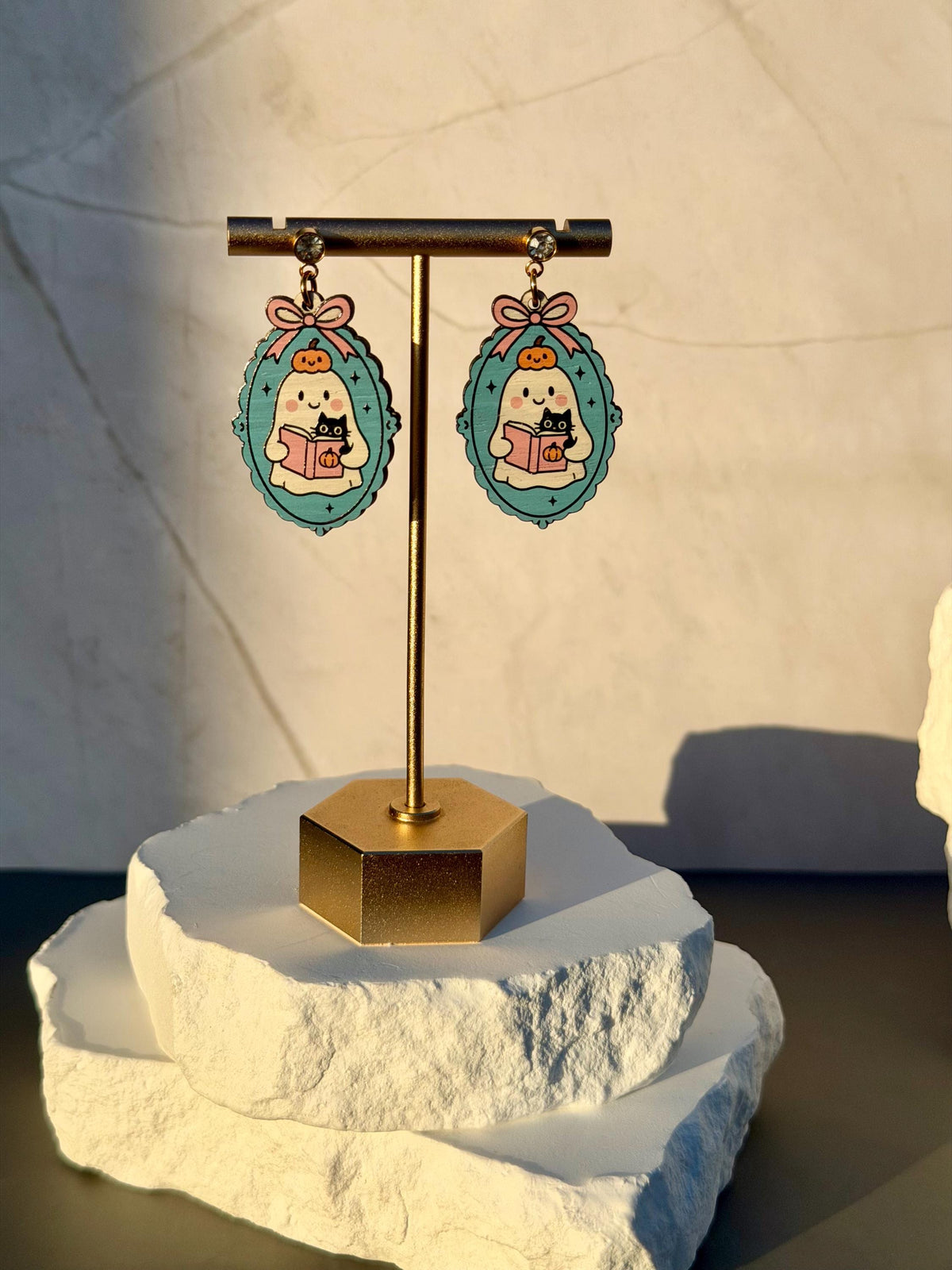 Bookworm Ghostie Earrings | Wooden Halloween Earrings | Ghost Cat Pumpkin Jewelry