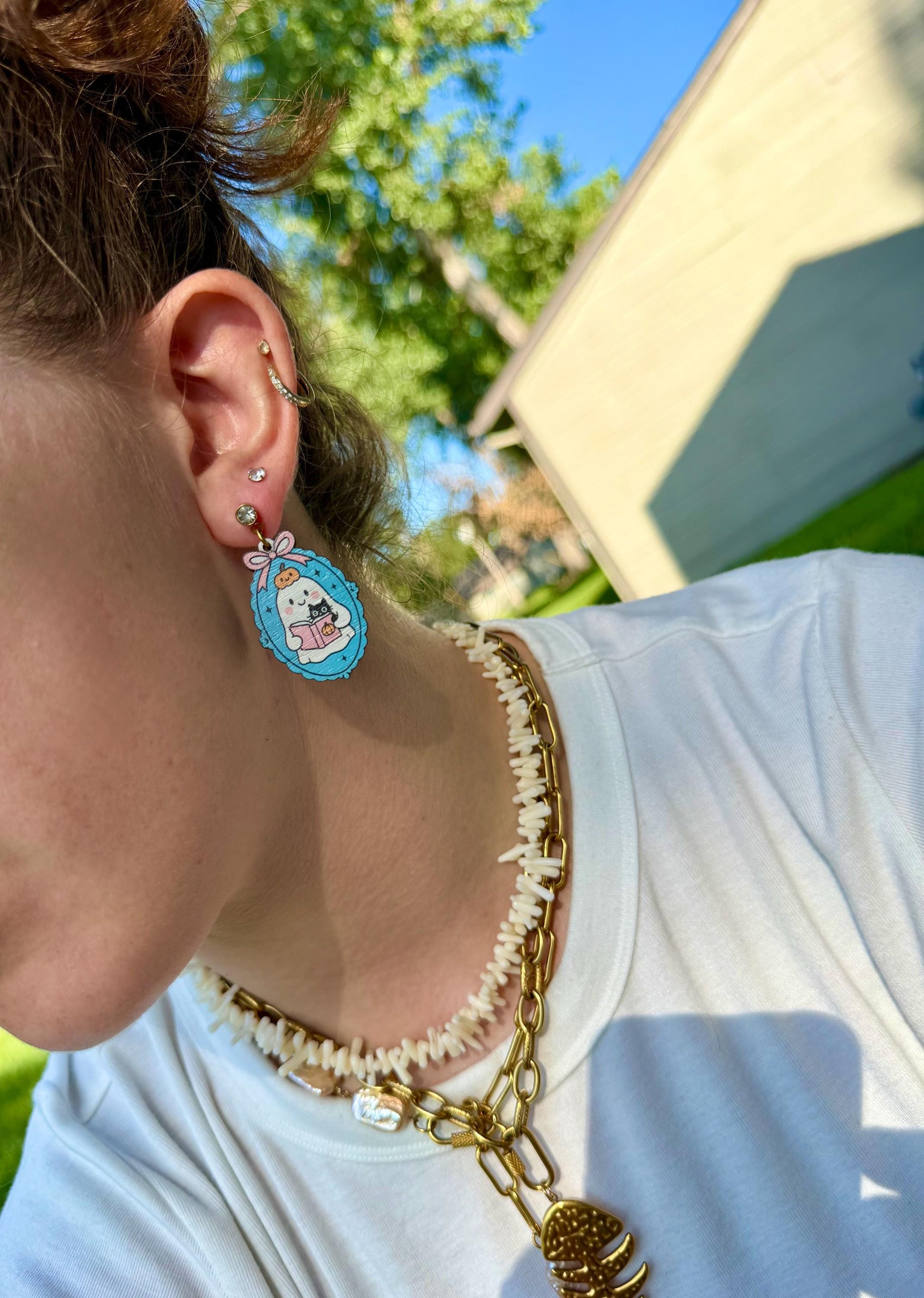 Bookworm Ghostie Earrings | Wooden Halloween Earrings | Ghost Cat Pumpkin Jewelry
