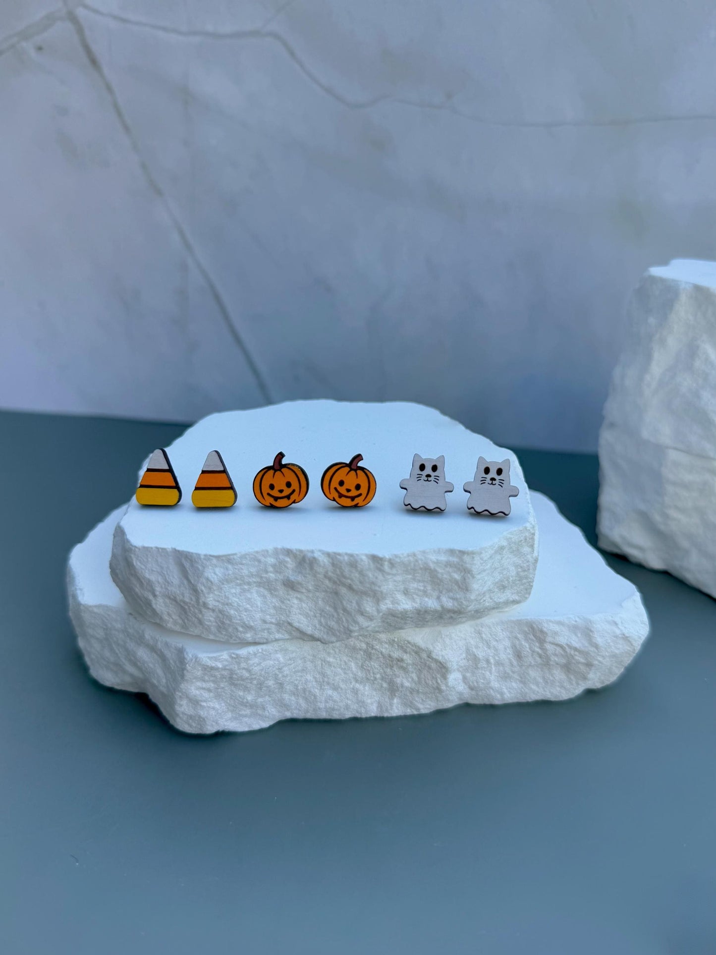 Halloween Stud Earrings | Candy Corn Pumpkin Ghost Cat Studs | Lightweight Wood Studs |