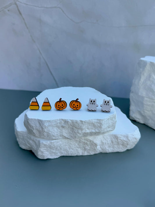 Halloween Stud Earrings | Candy Corn Pumpkin Ghost Cat Studs | Lightweight Wood Studs |