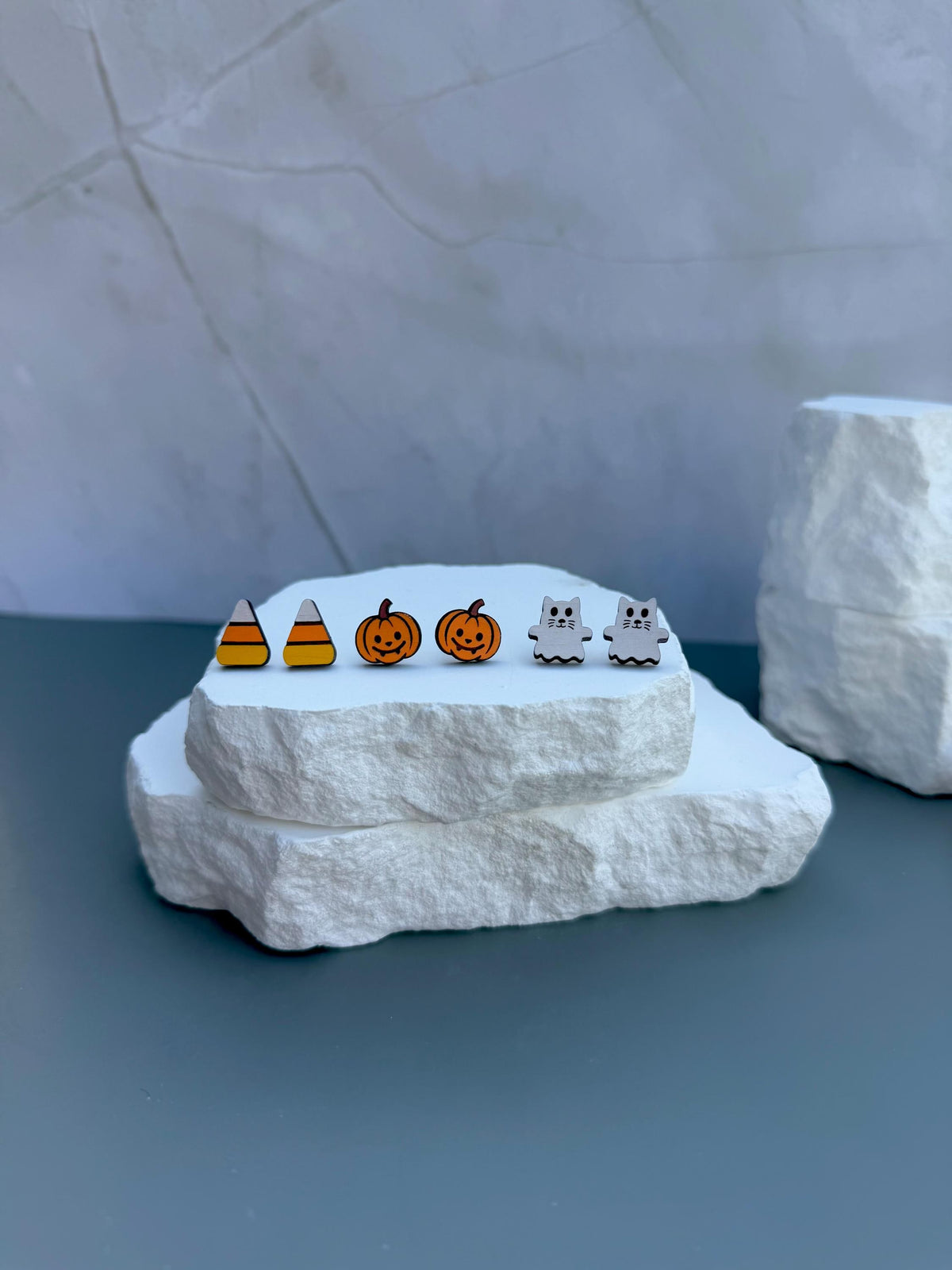 Halloween Stud Earrings | Candy Corn Pumpkin Ghost Cat Studs | Lightweight Wood Studs |