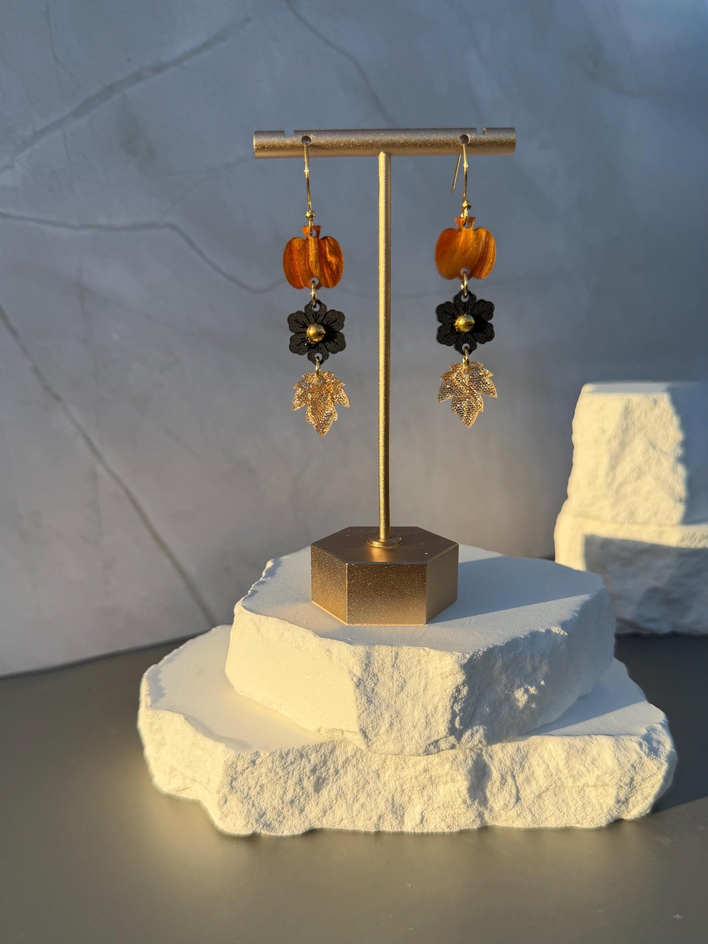 Golden Harvest Drops | Pumpkin Flower Leaf Dangle Earrings | Fall Gold Boho Jewelry