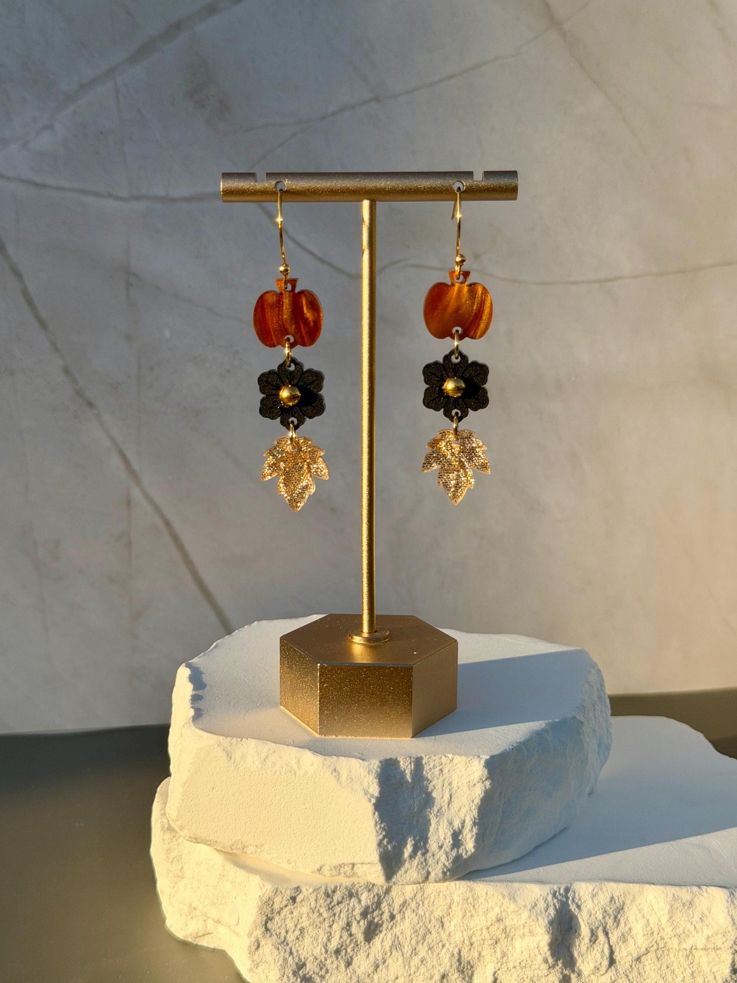 Golden Harvest Drops | Pumpkin Flower Leaf Dangle Earrings | Fall Gold Boho Jewelry