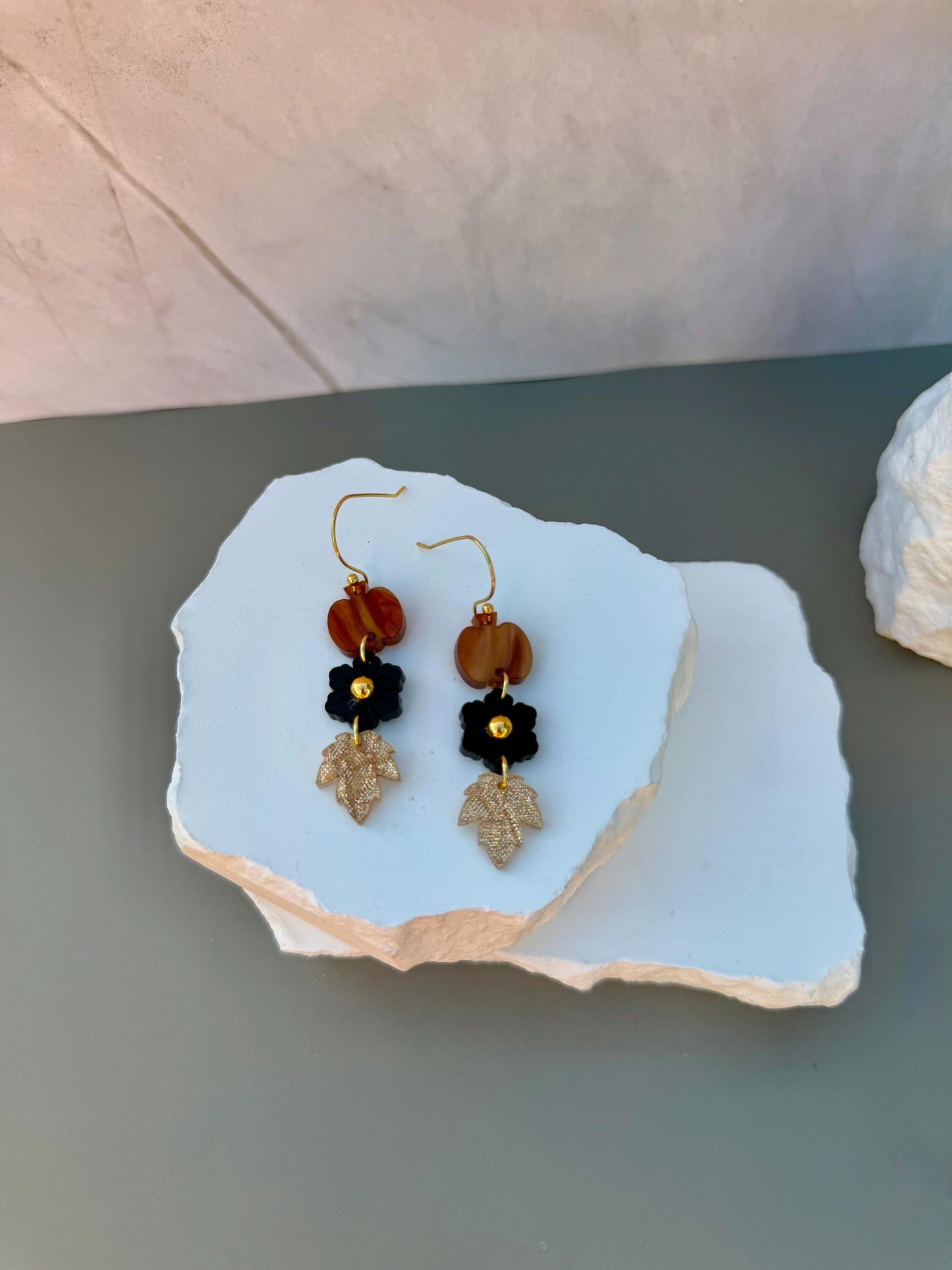 Golden Harvest Drops | Pumpkin Flower Leaf Dangle Earrings | Fall Gold Boho Jewelry