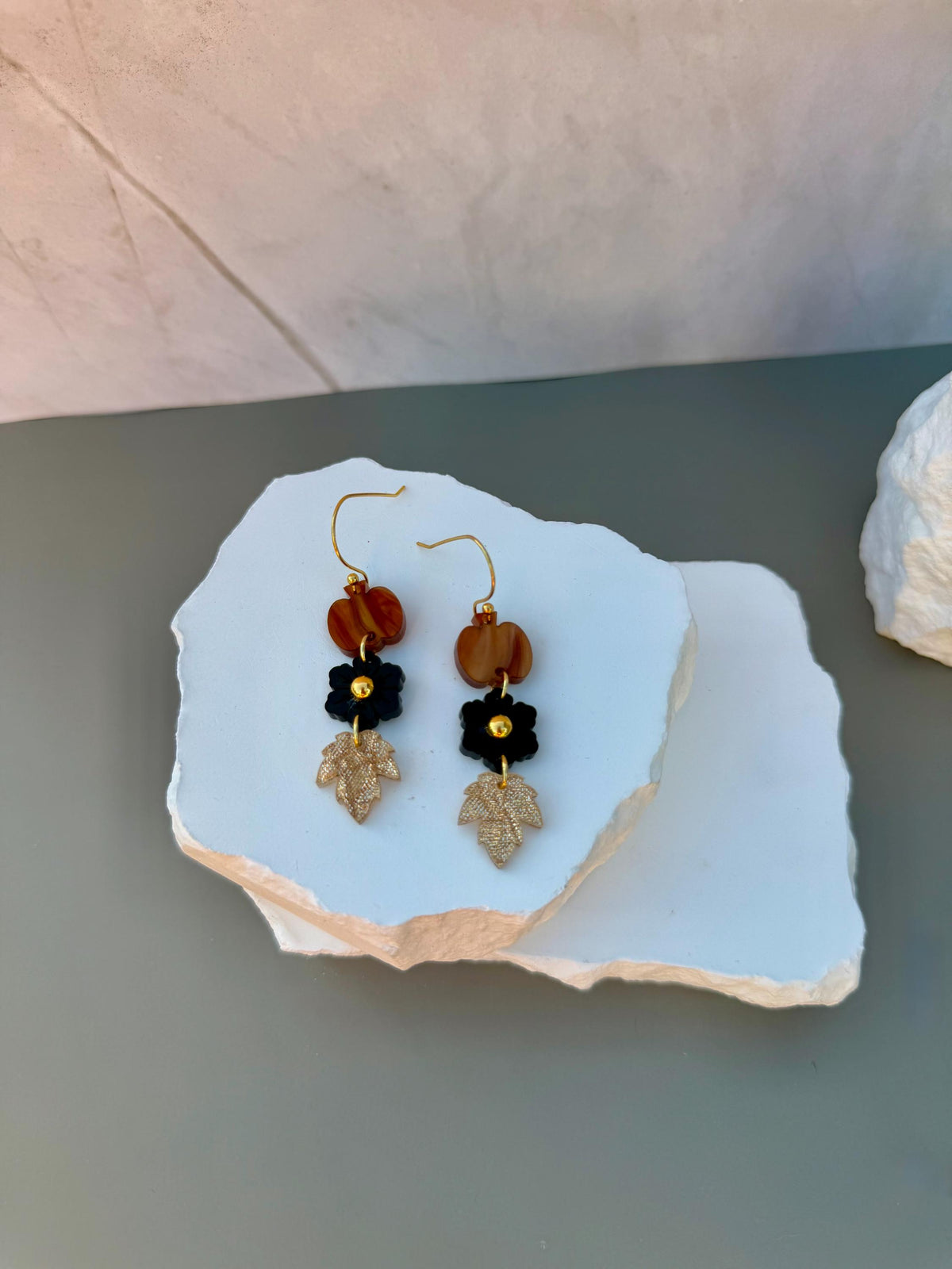 Golden Harvest Drops | Pumpkin Flower Leaf Dangle Earrings | Fall Gold Boho Jewelry