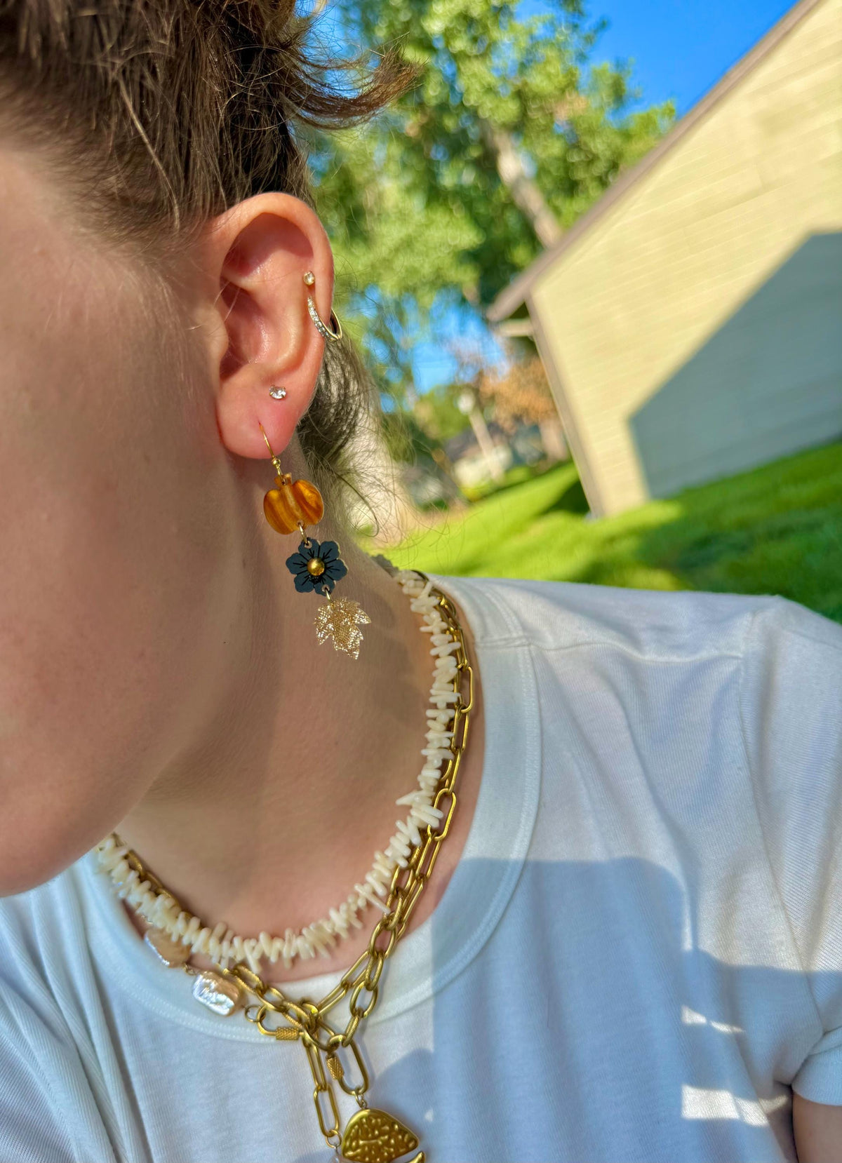 Golden Harvest Drops | Pumpkin Flower Leaf Dangle Earrings | Fall Gold Boho Jewelry