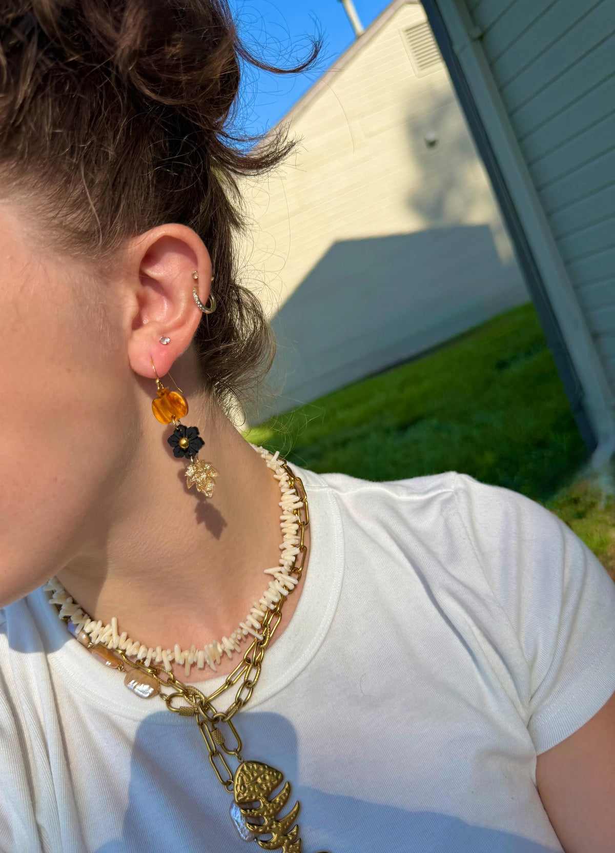 Golden Harvest Drops | Pumpkin Flower Leaf Dangle Earrings | Fall Gold Boho Jewelry
