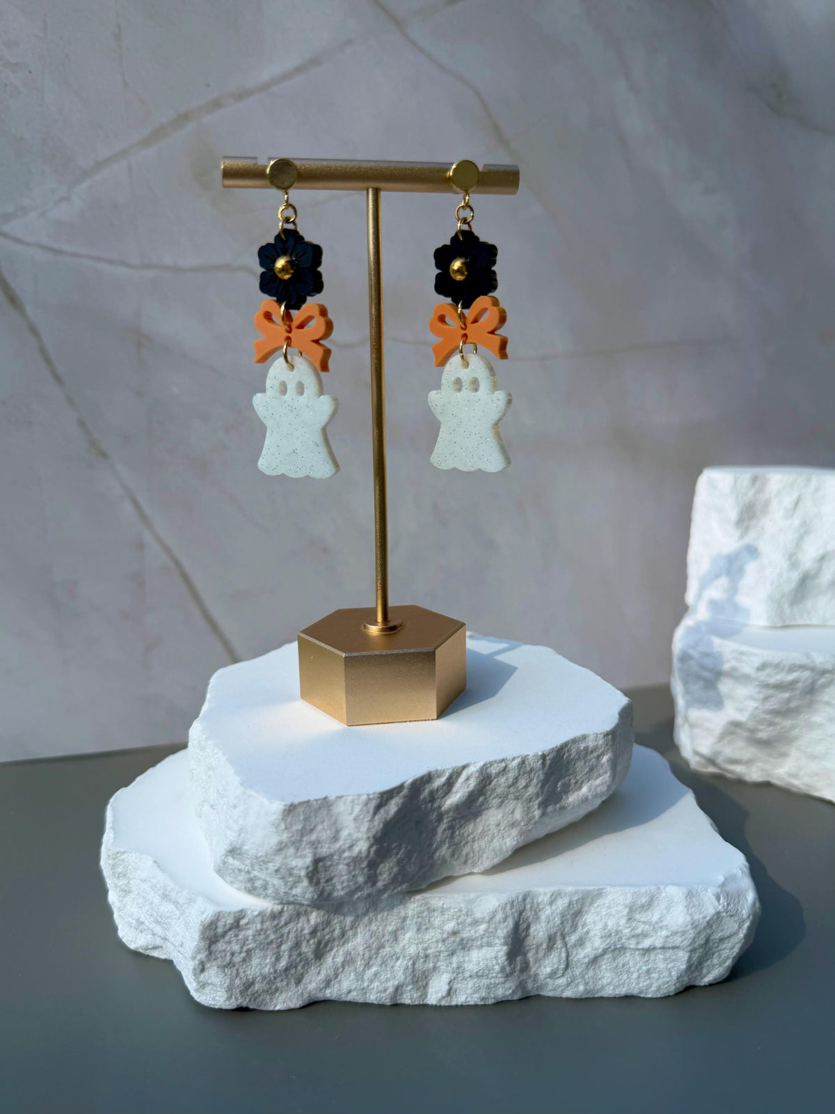 Boo-tiful Ghost Drops | Halloween Flower Bow Earrings | Speckled Acrylic Spooky Jewelry