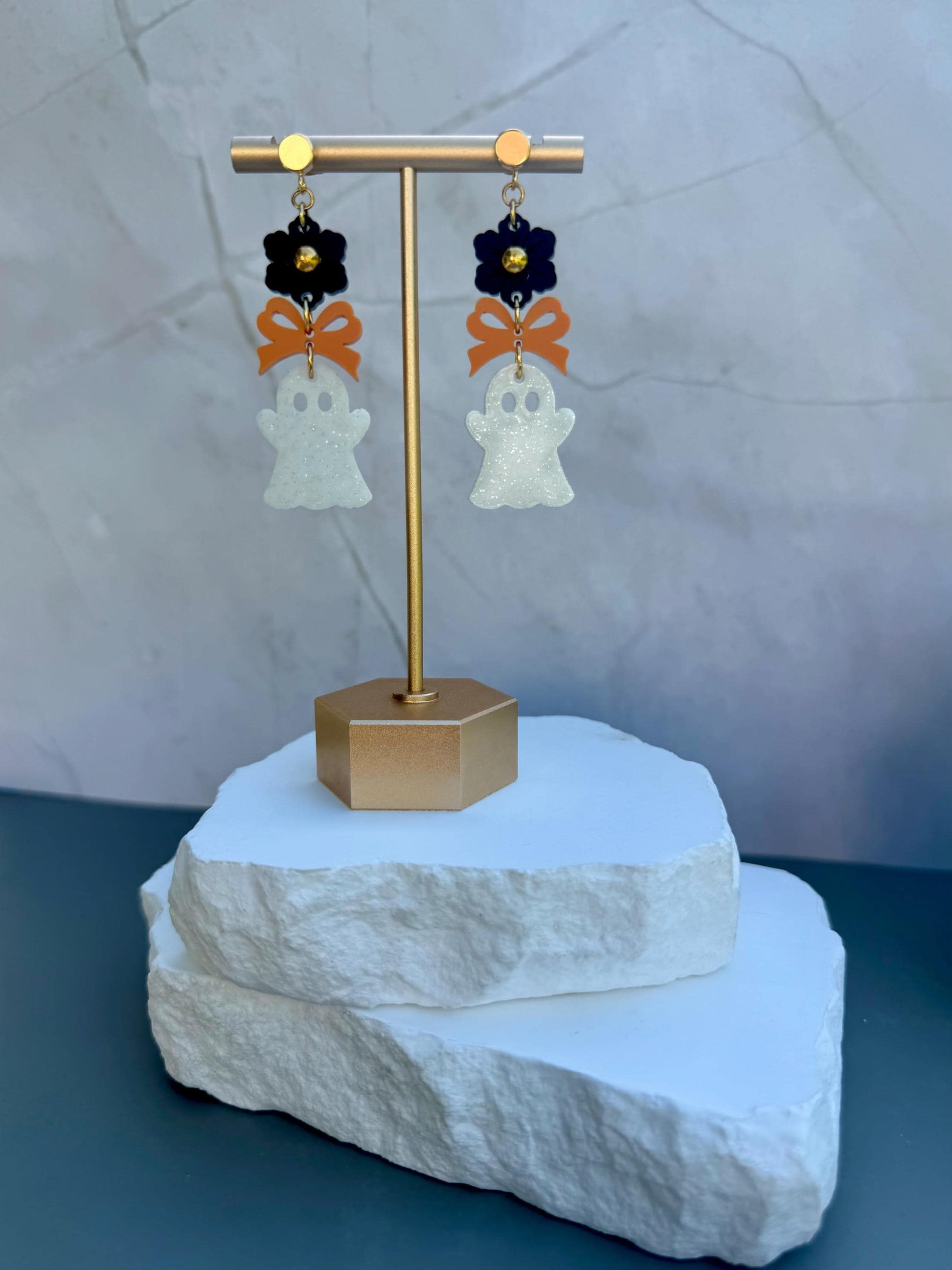 Boo-tiful Ghost Drops | Halloween Flower Bow Earrings | Speckled Acrylic Spooky Jewelry