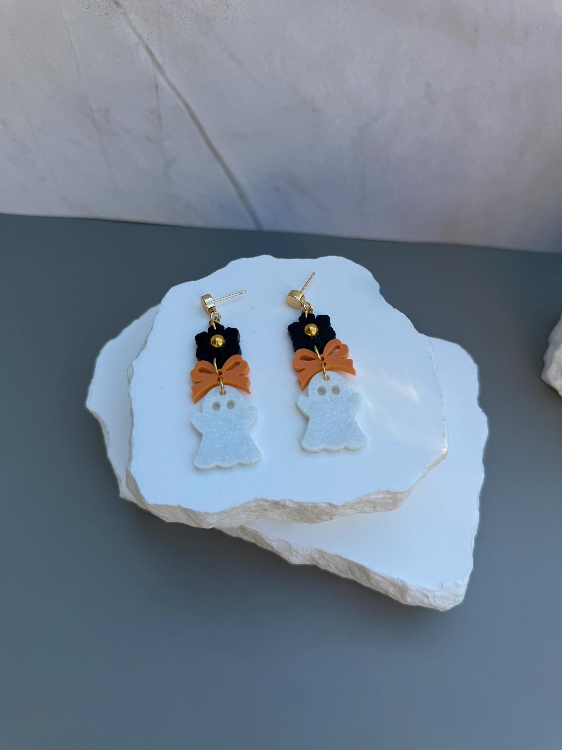 Boo-tiful Ghost Drops | Halloween Flower Bow Earrings | Speckled Acrylic Spooky Jewelry