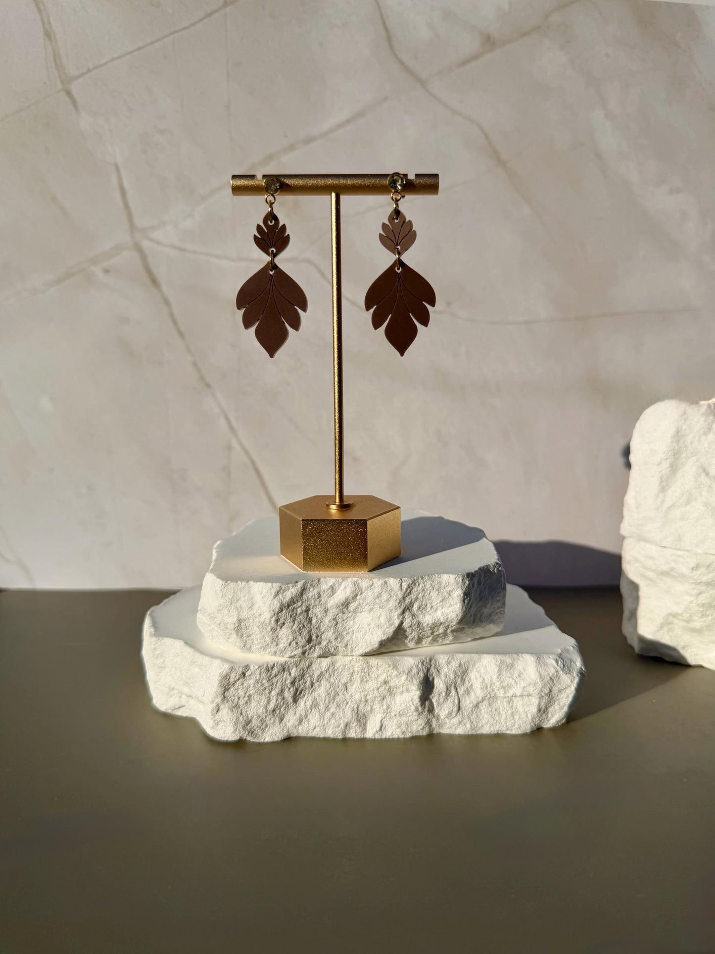 Mocha Brown Leaf Dangle Earrings | Boho Fall Statement Earrings | CZ Stud Jewelry