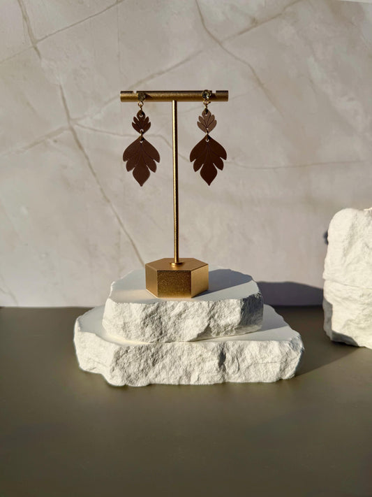 Mocha Brown Leaf Dangle Earrings | Boho Fall Statement Earrings | CZ Stud Jewelry