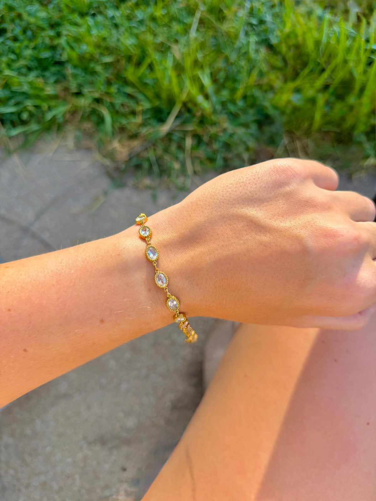 Bezel Set CZ Tennis Bracelet | Gold Stainless Steel Oval Link Bracelet | Waterproof & Tarnish Free