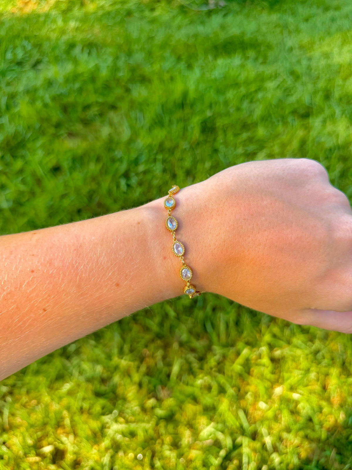 Bezel Set CZ Tennis Bracelet | Gold Stainless Steel Oval Link Bracelet | Waterproof & Tarnish Free