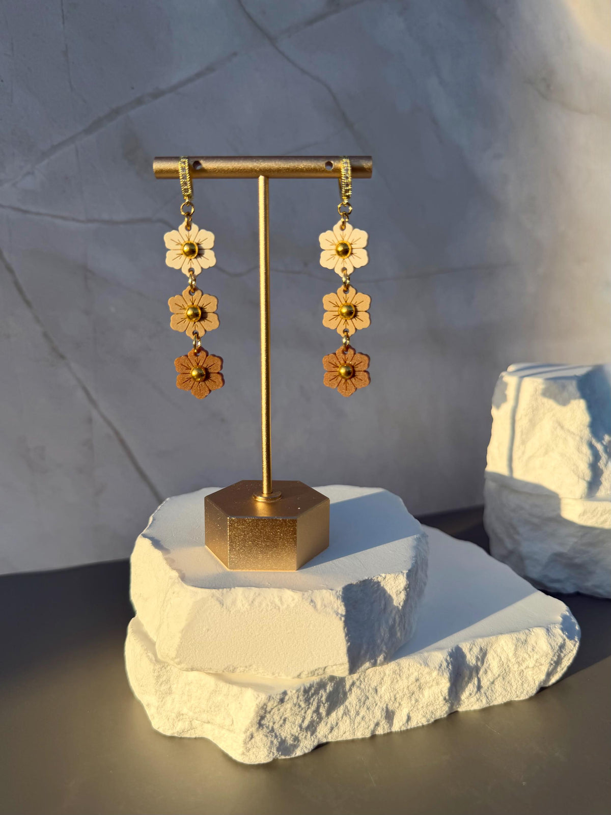Toffee Bloom Earrings | Tiered Acrylic Flower Dangle Earrings | Neutral Fall Jewelry