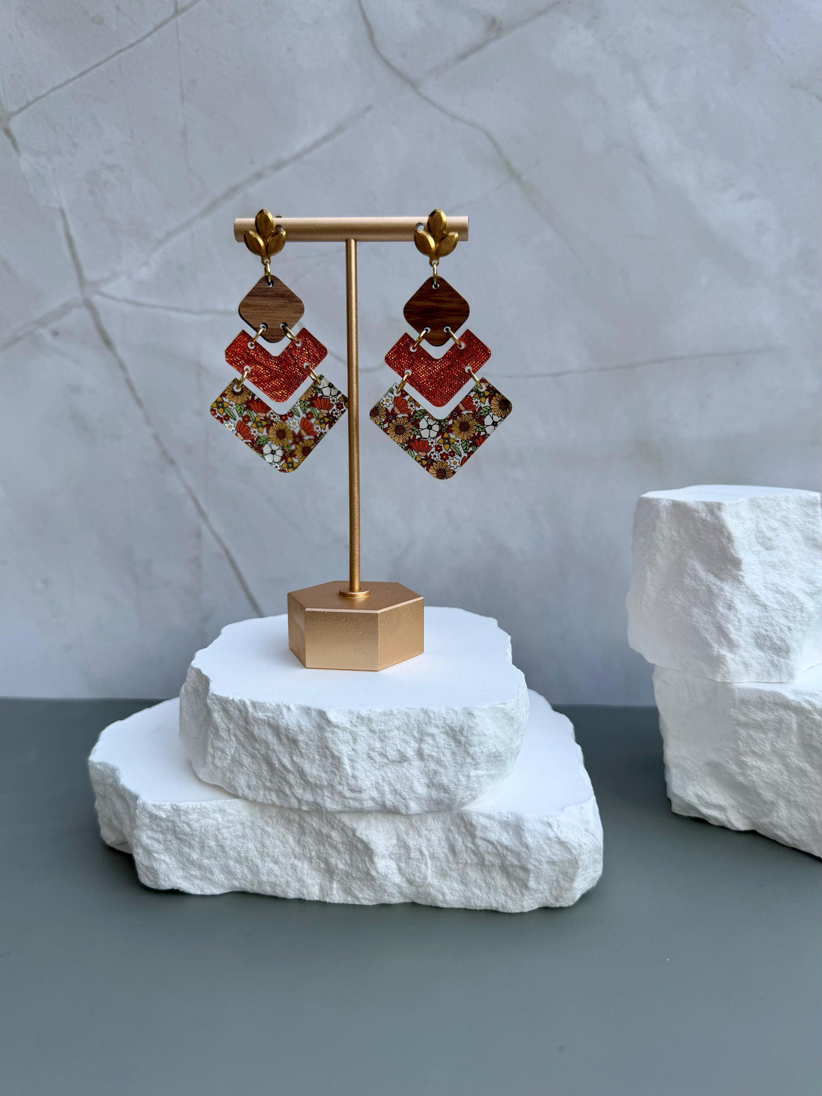 Autumn Boho Floral Statement Earrings | Stacked Geometric Dangles