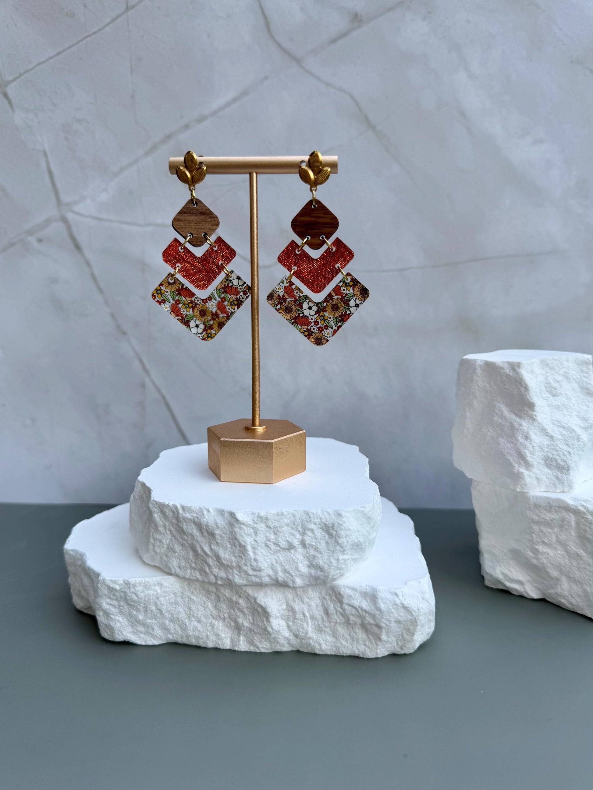 Autumn Boho Floral Statement Earrings | Stacked Geometric Dangles
