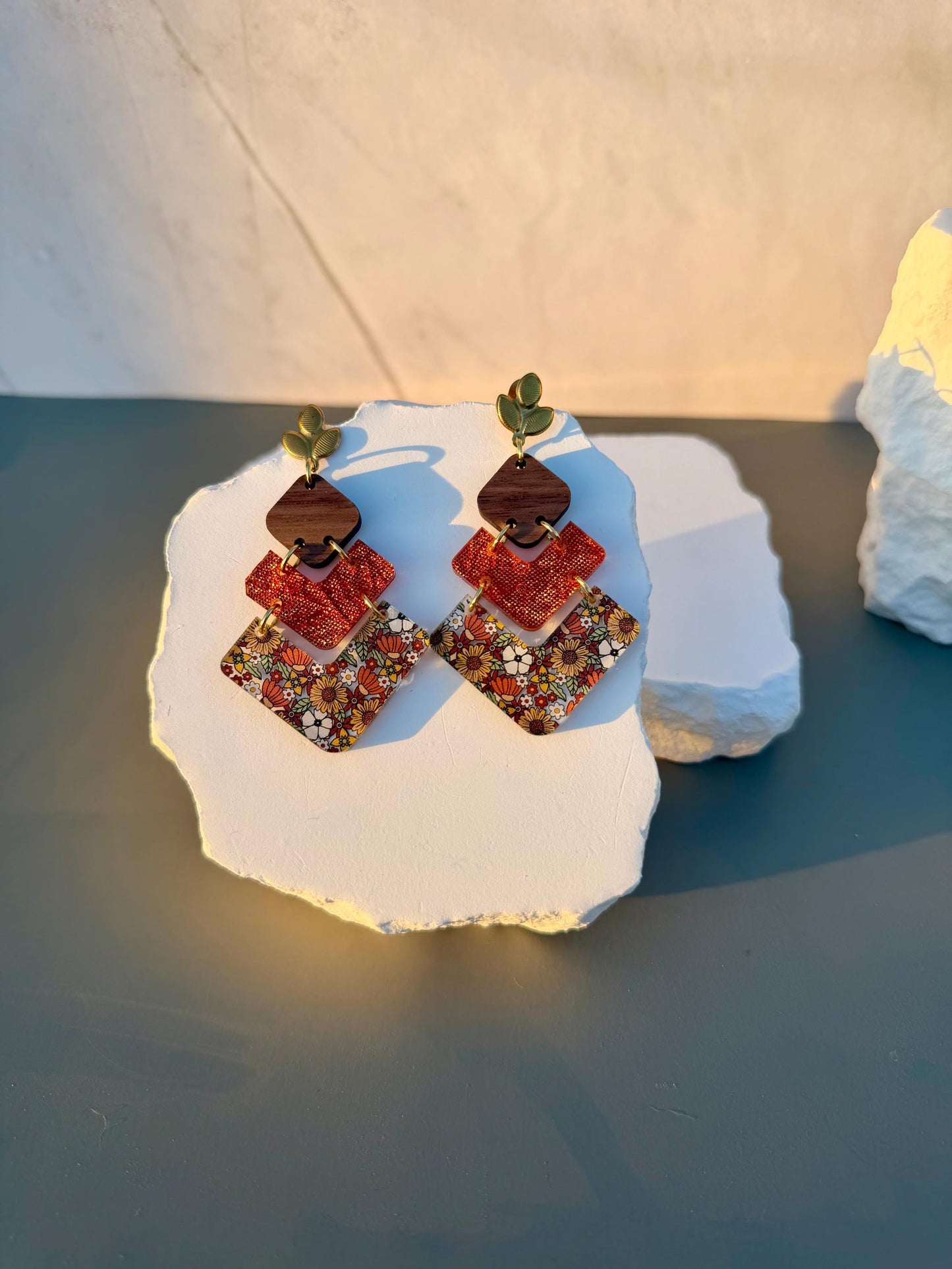 Autumn Boho Floral Statement Earrings | Stacked Geometric Dangles